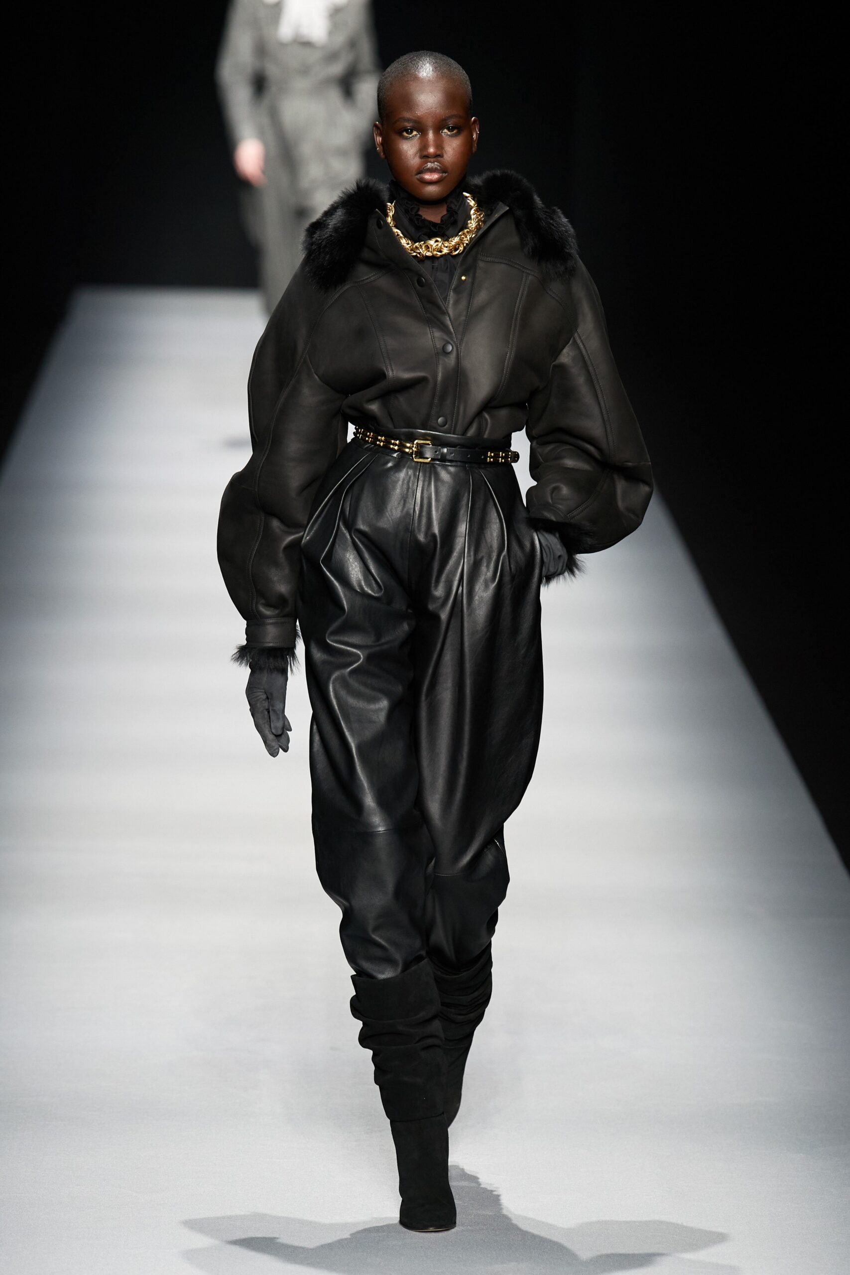 black leather long-sleeve collared oversized buttoned jacket