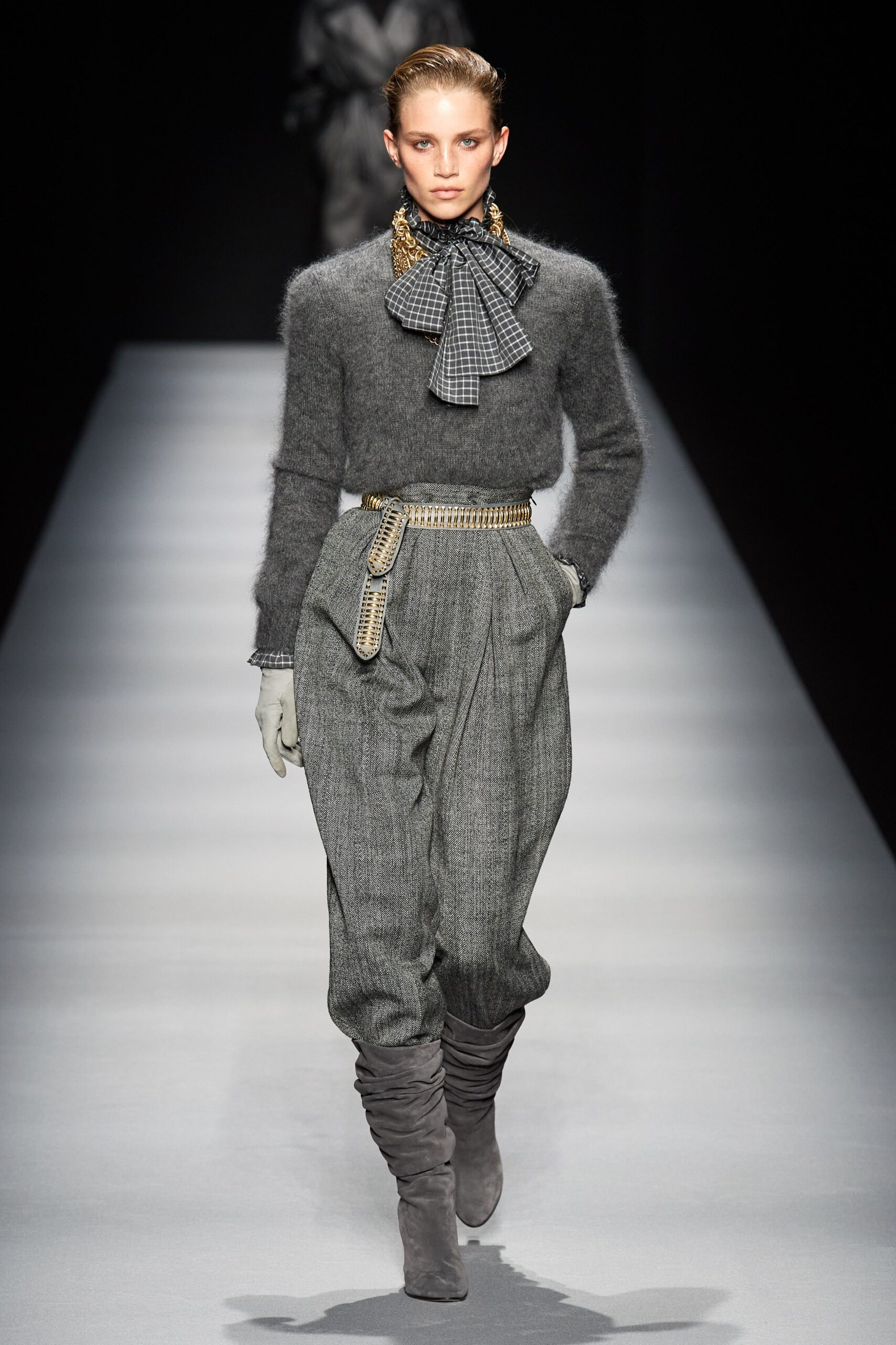 gray wool long-sleeve high-neck fitted textured sweater