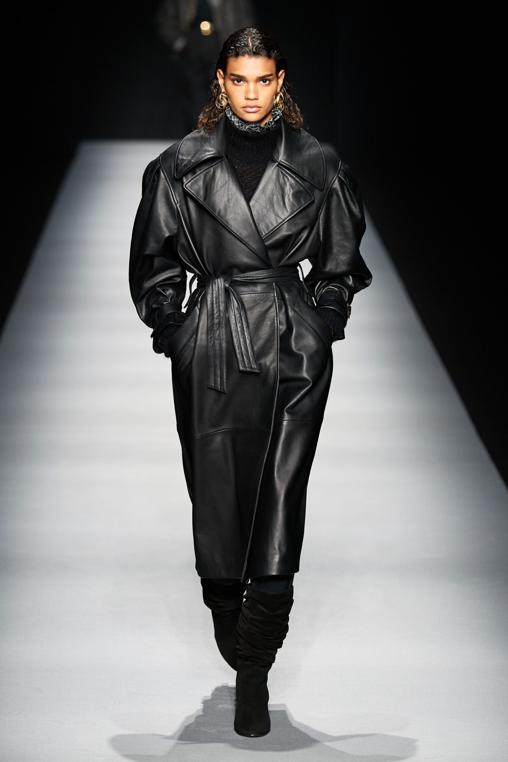 black leather belted coat