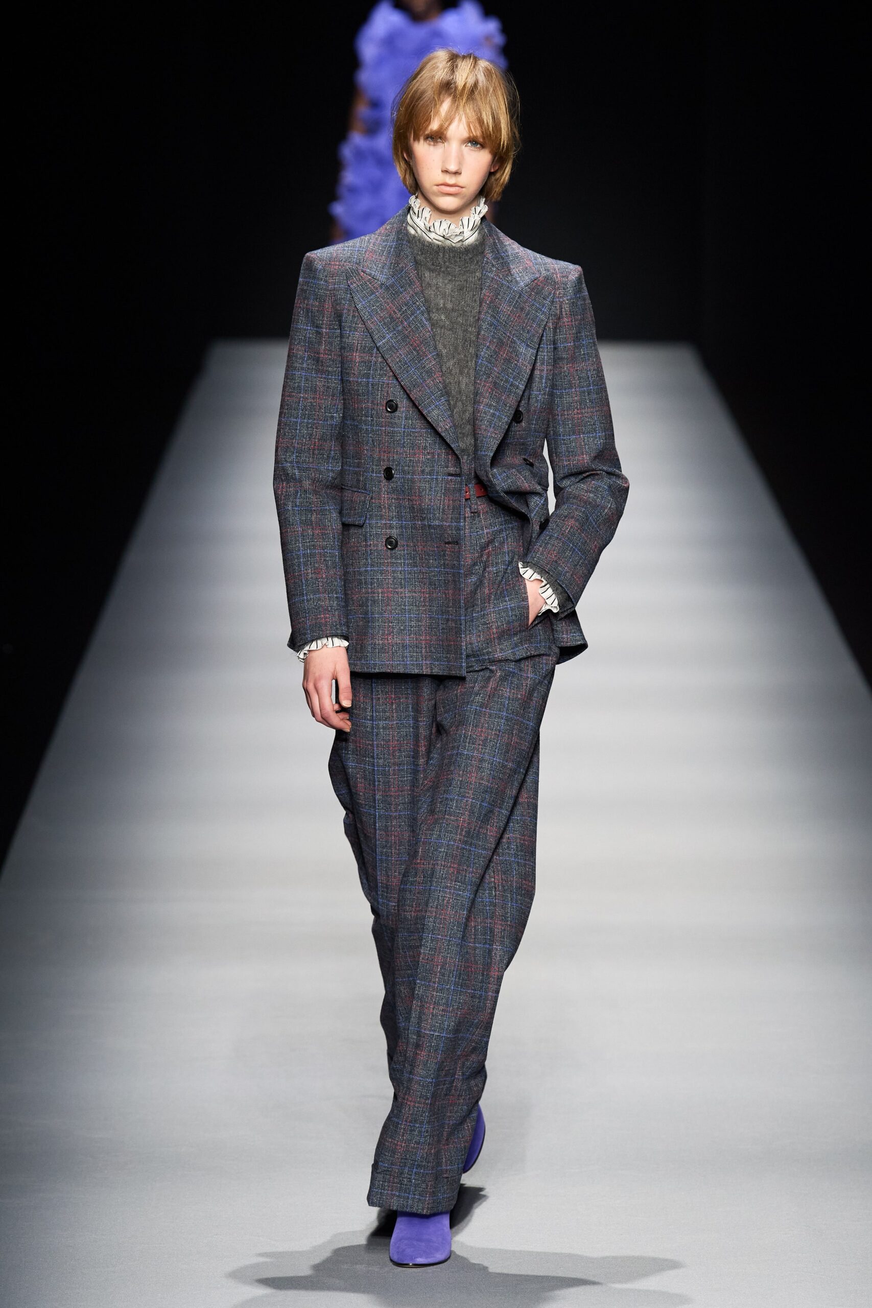 blue wool long-sleeve collared tailored checked suit