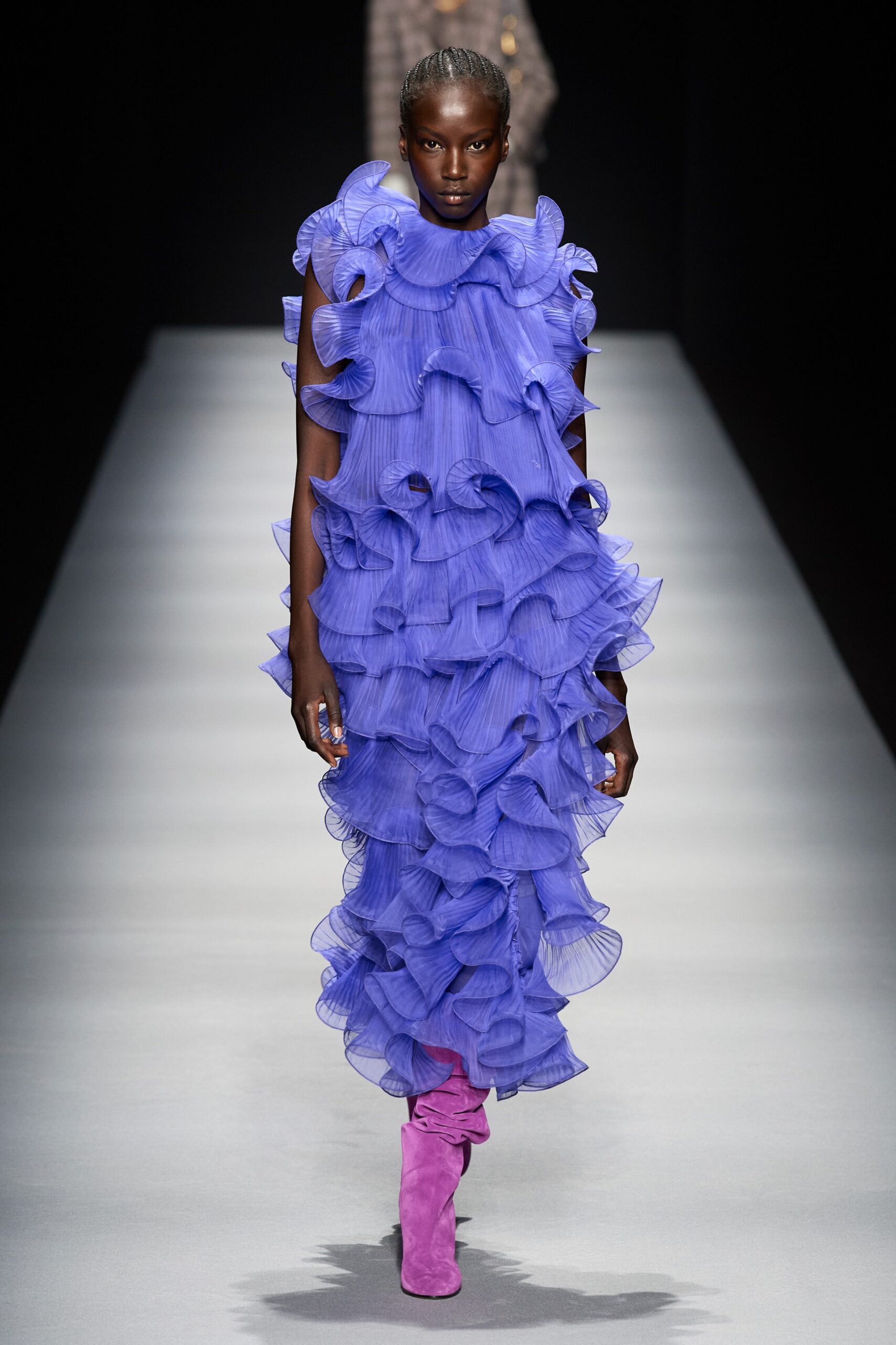 purple ruffled midi dress