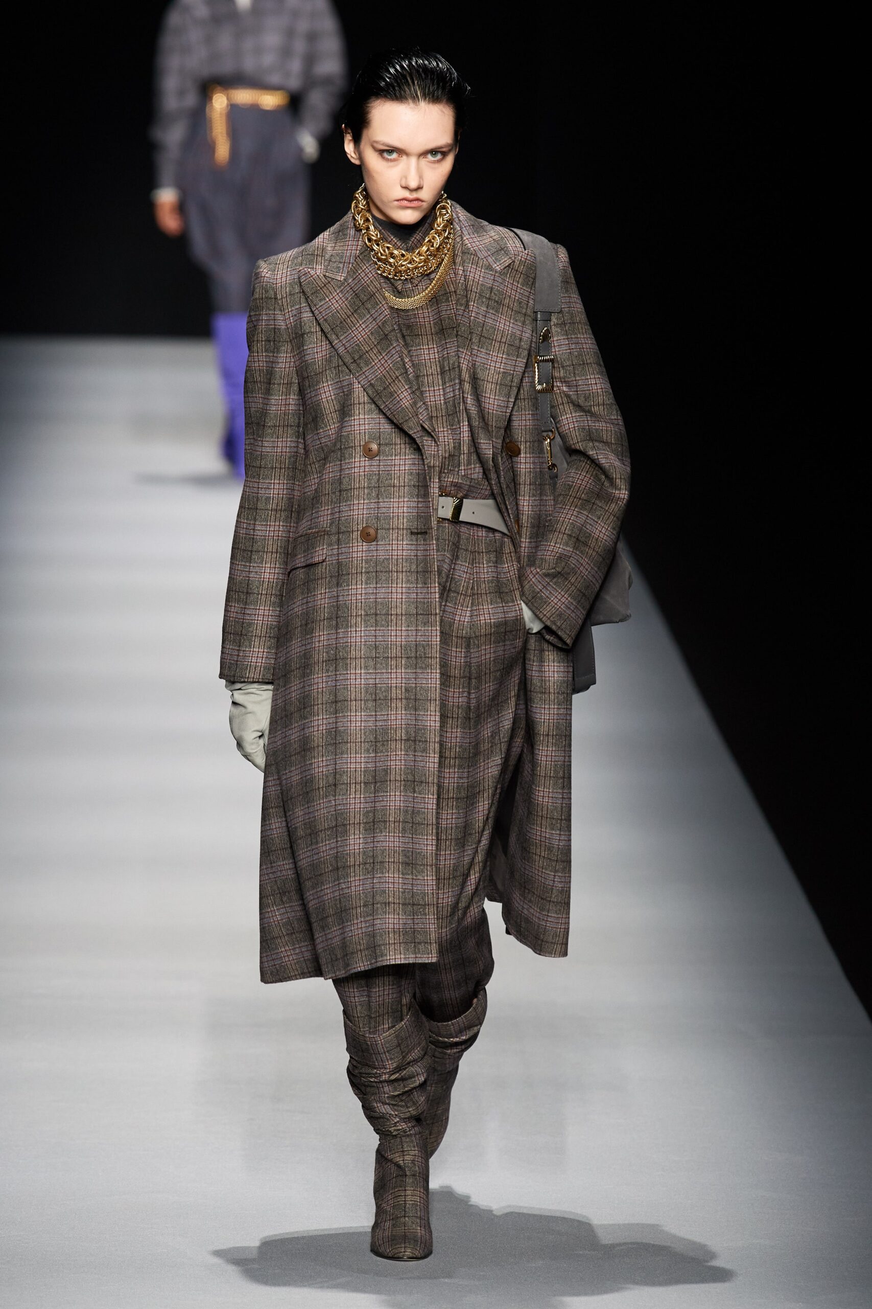 gray brown tailored suit with scarf