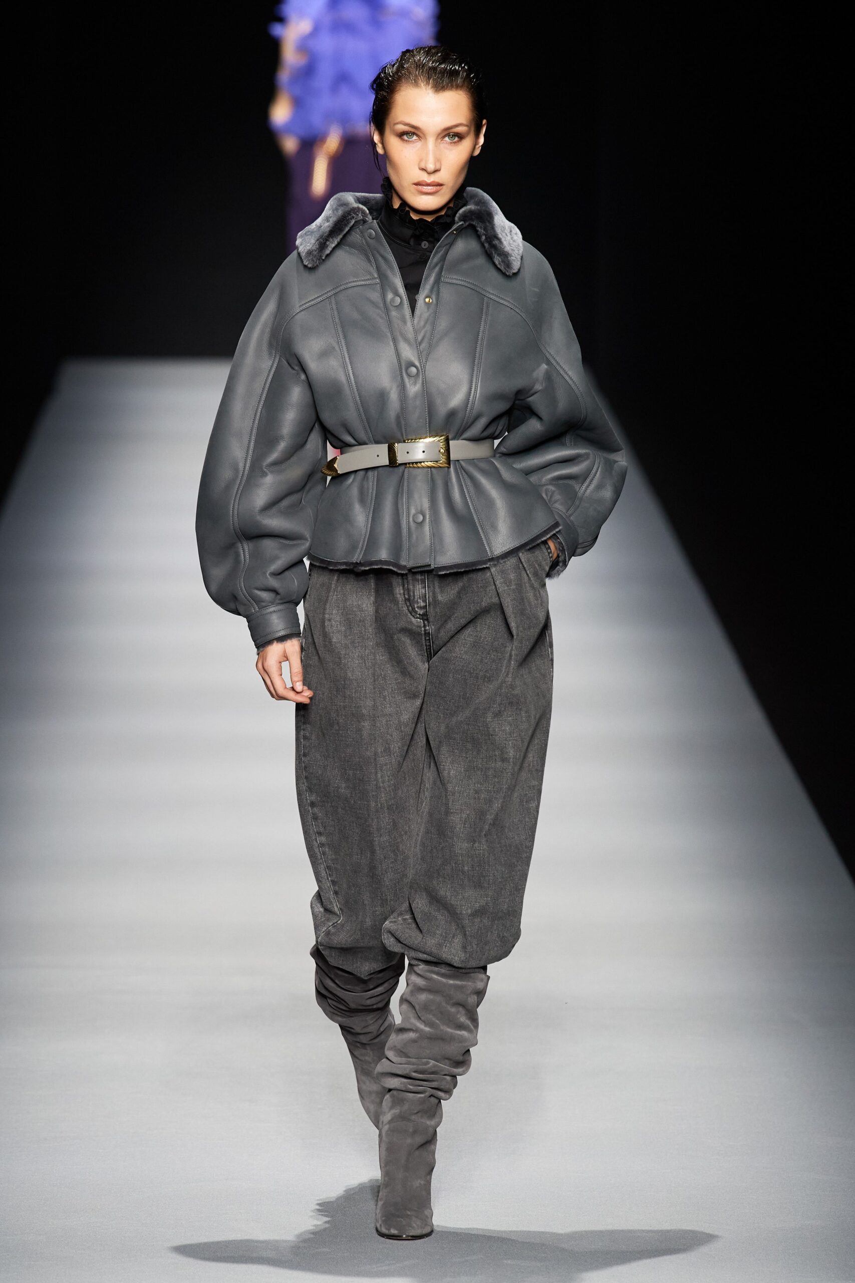 gray leather long-sleeve collared fitted zippered belted jacket