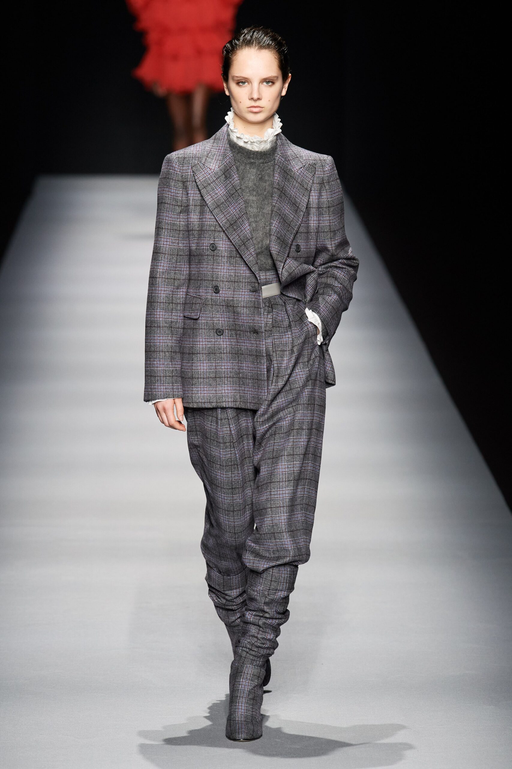tailored gray and purple suit