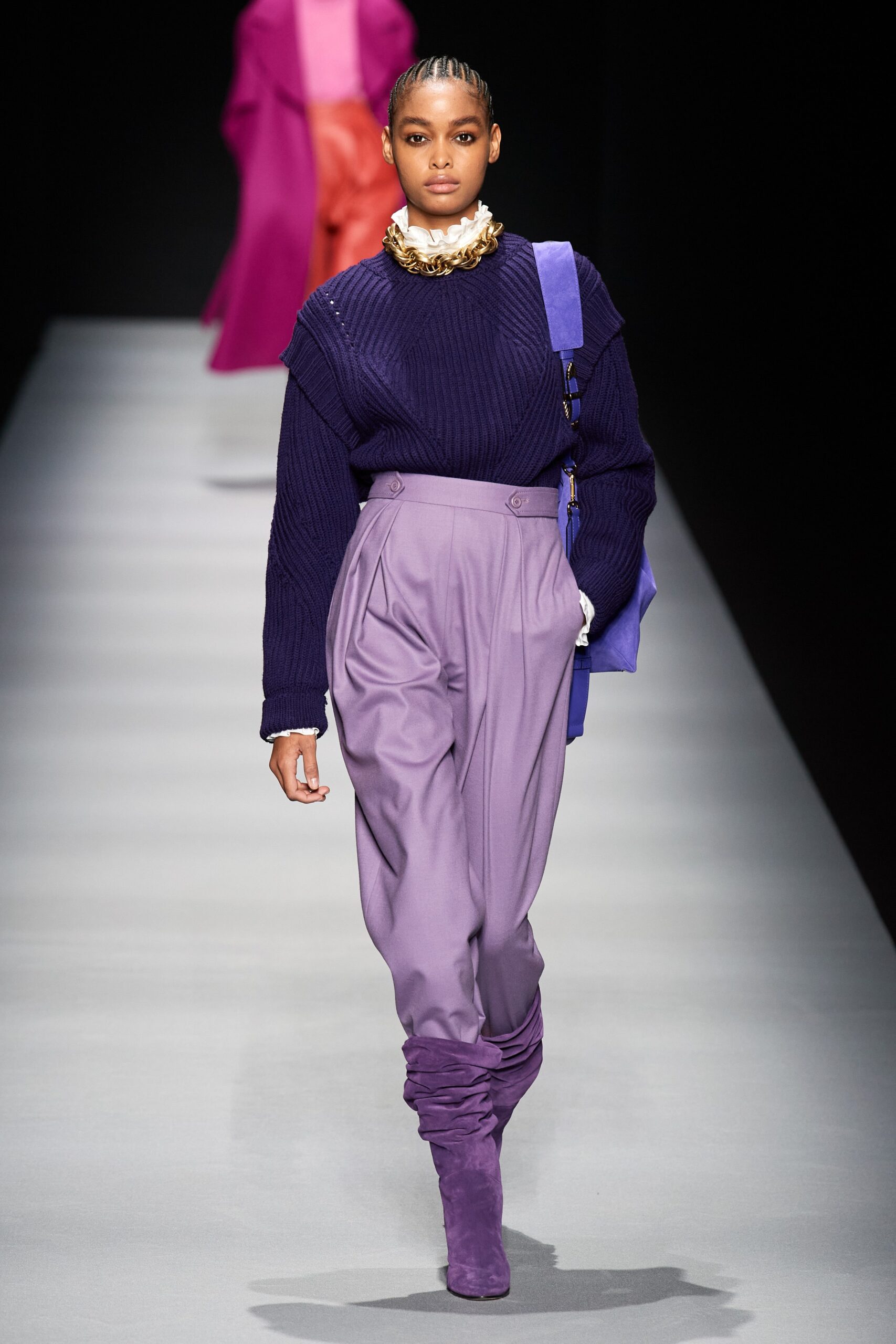 purple wool sweater with lavender pants