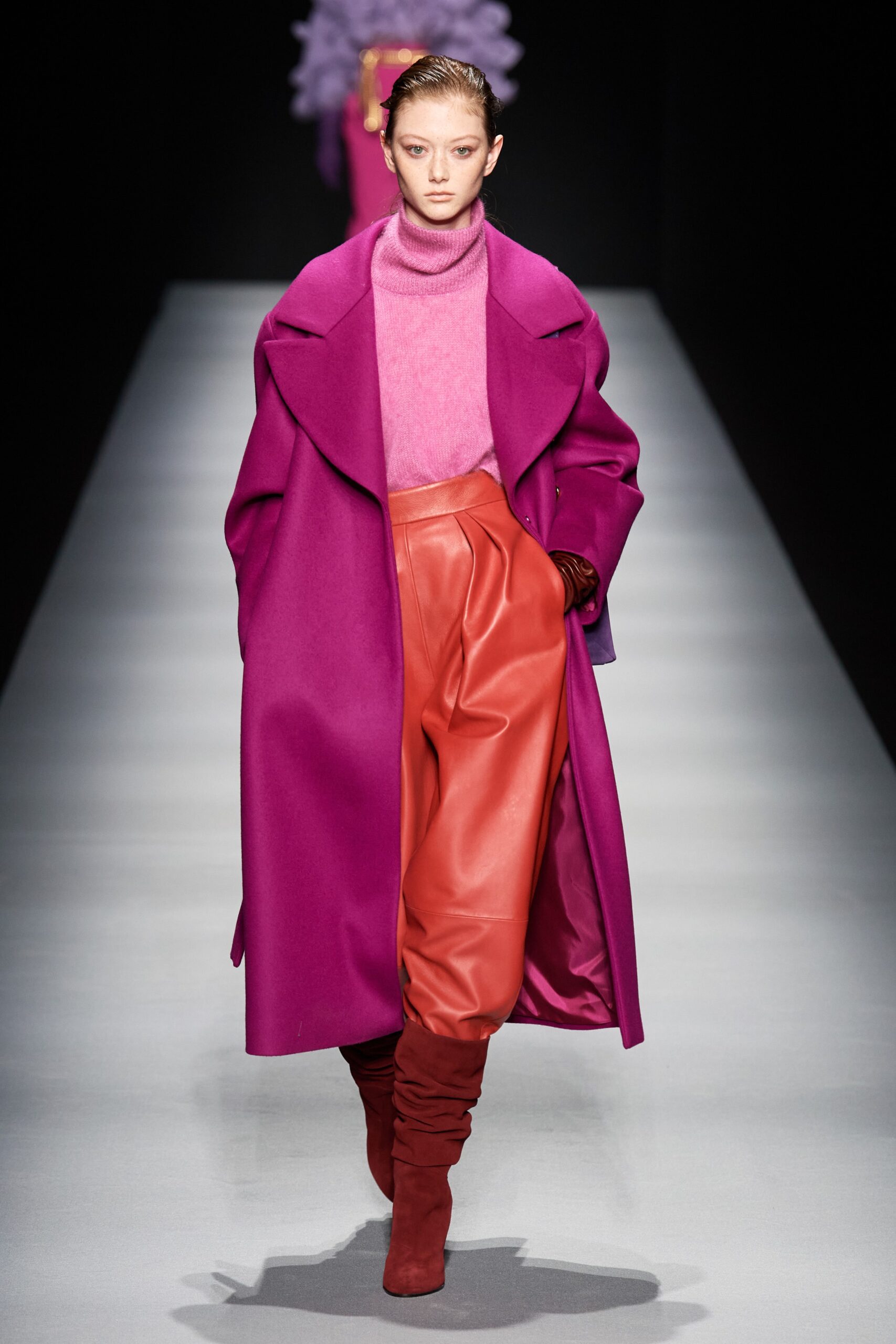 purple wool long-sleeve collared oversized draped coat