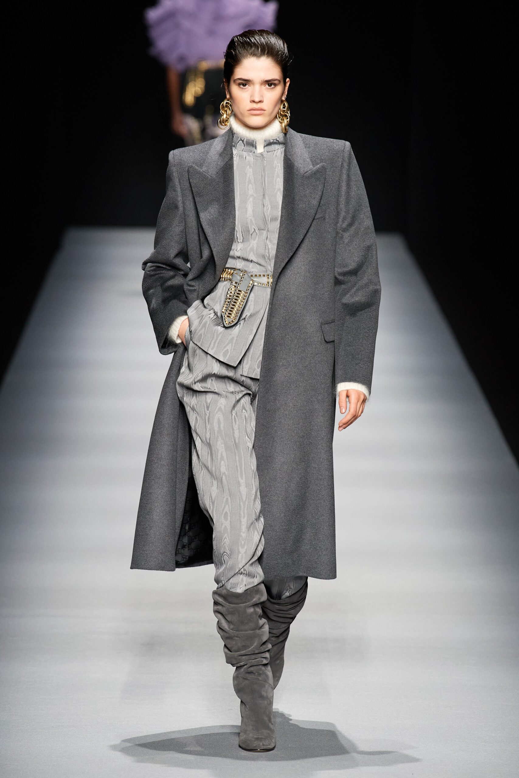 gray cotton long-sleeve high-neck fitted pleated jumpsuit