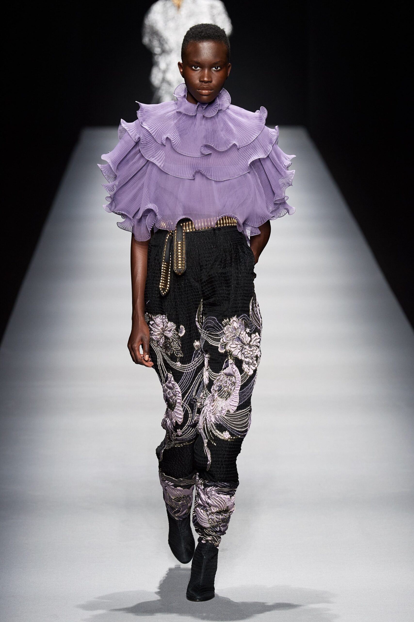 purple silk sleeveless high-neck fitted ruffled blouse