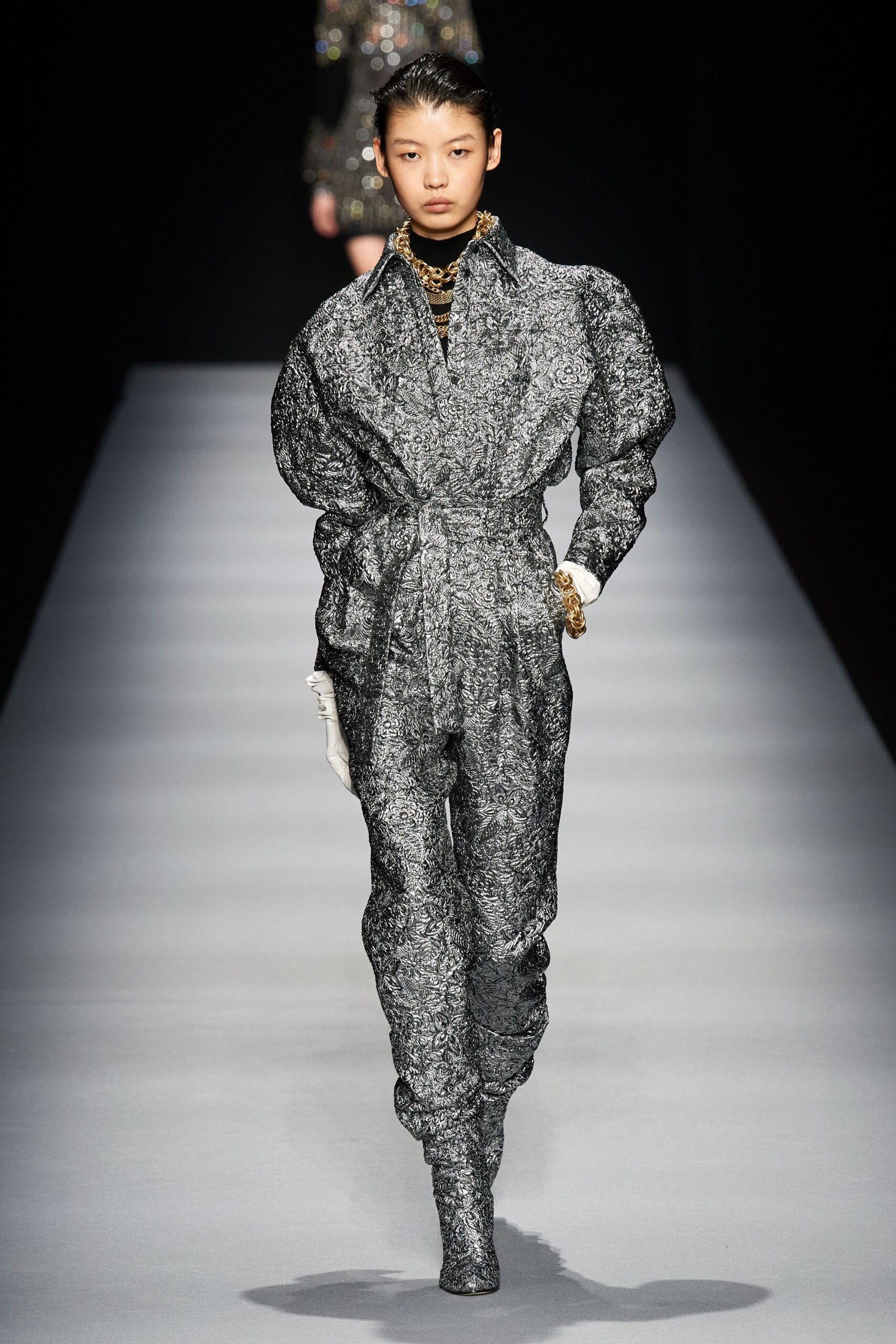 gray silk fitted jumpsuit