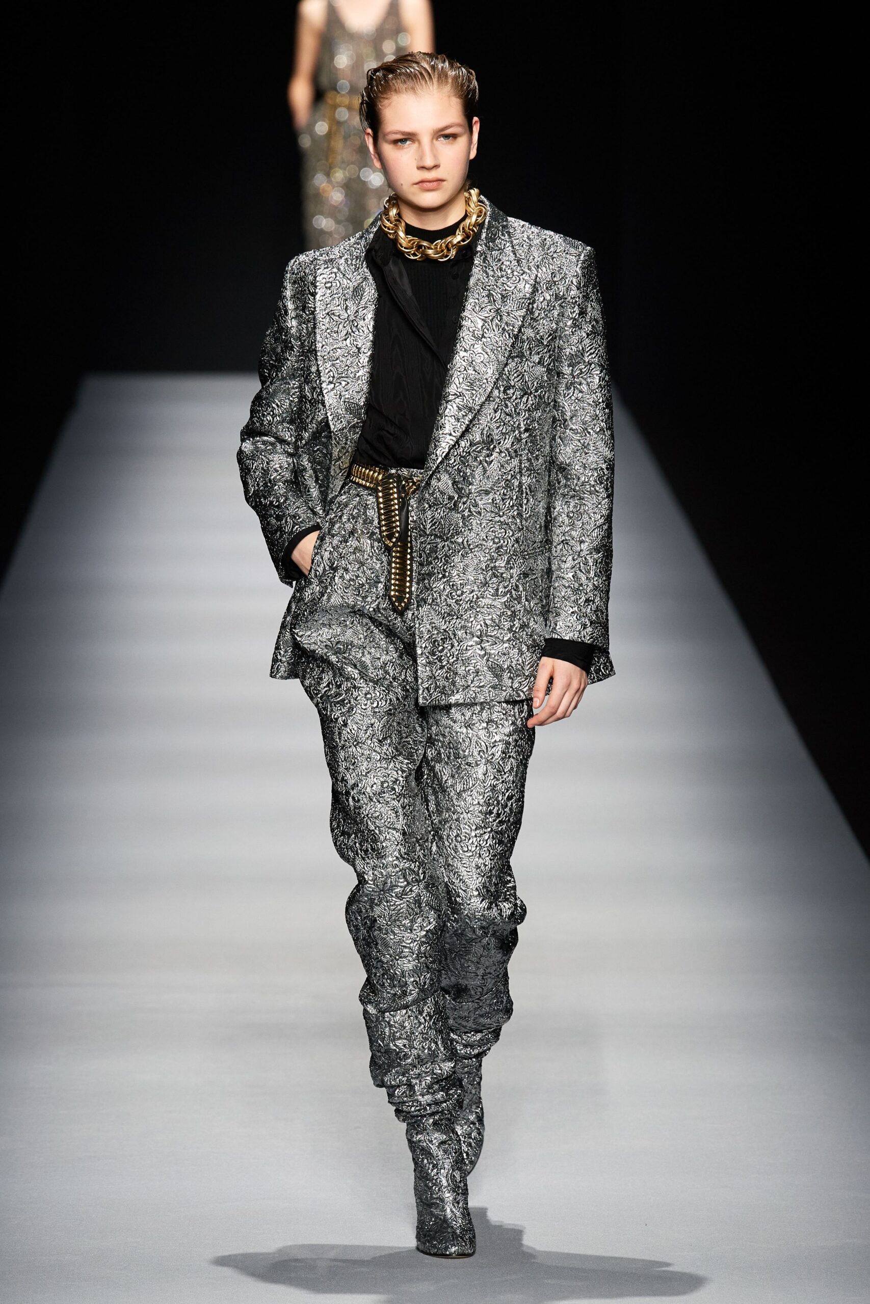 gray metallic long-sleeve collared tailored buttoned zippered suit