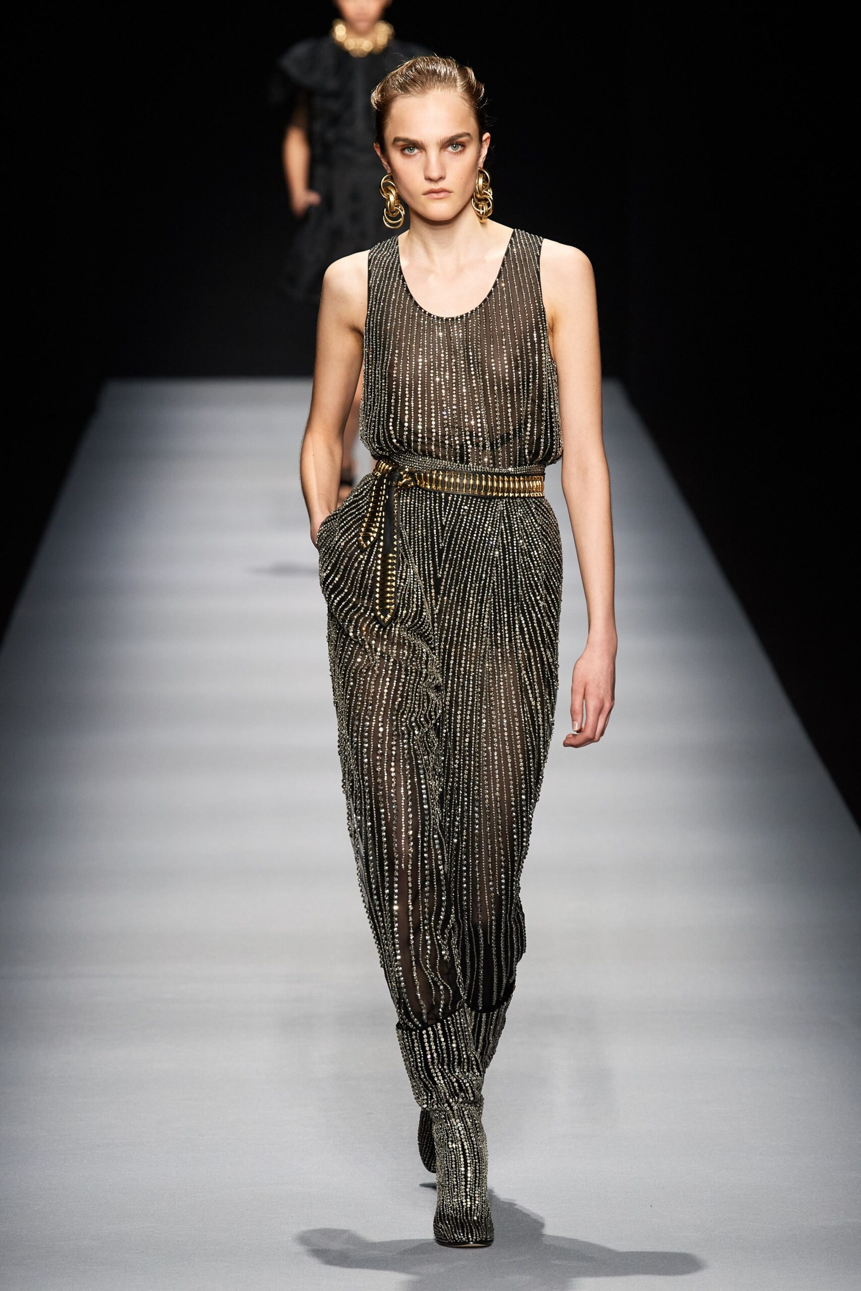 black and gold pleated jumpsuit