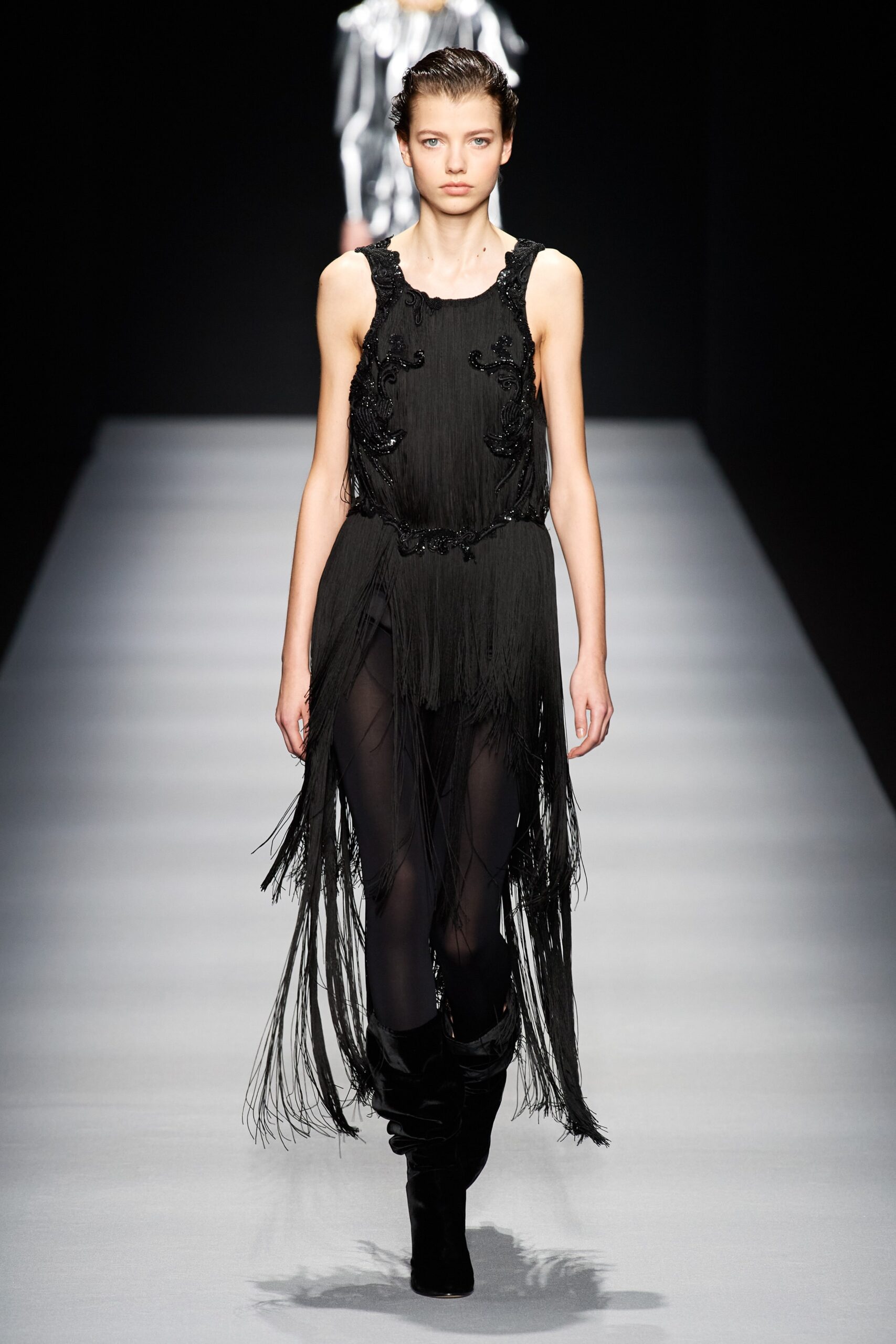 black silk sleeveless fringed dress