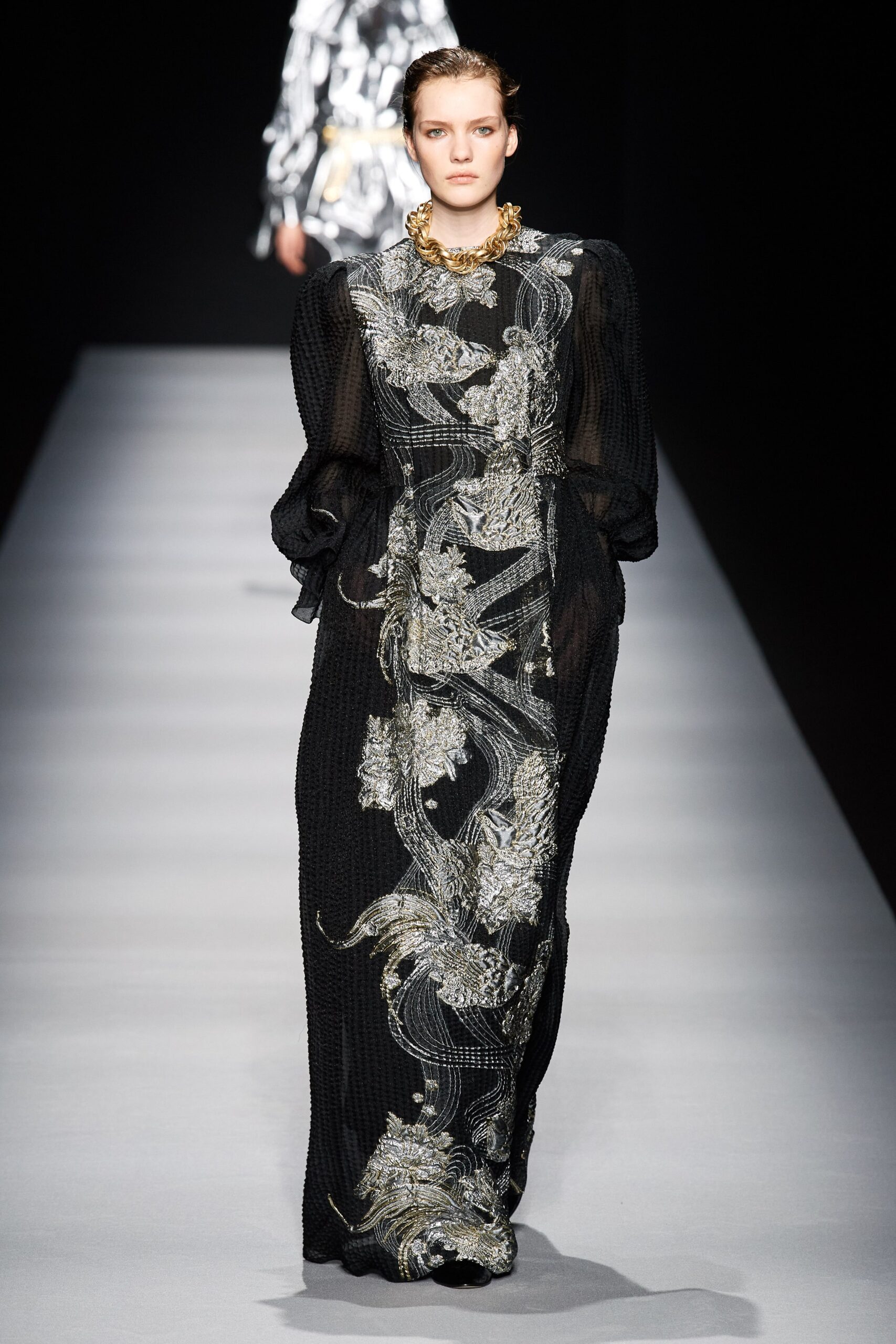black silk embroidered gown