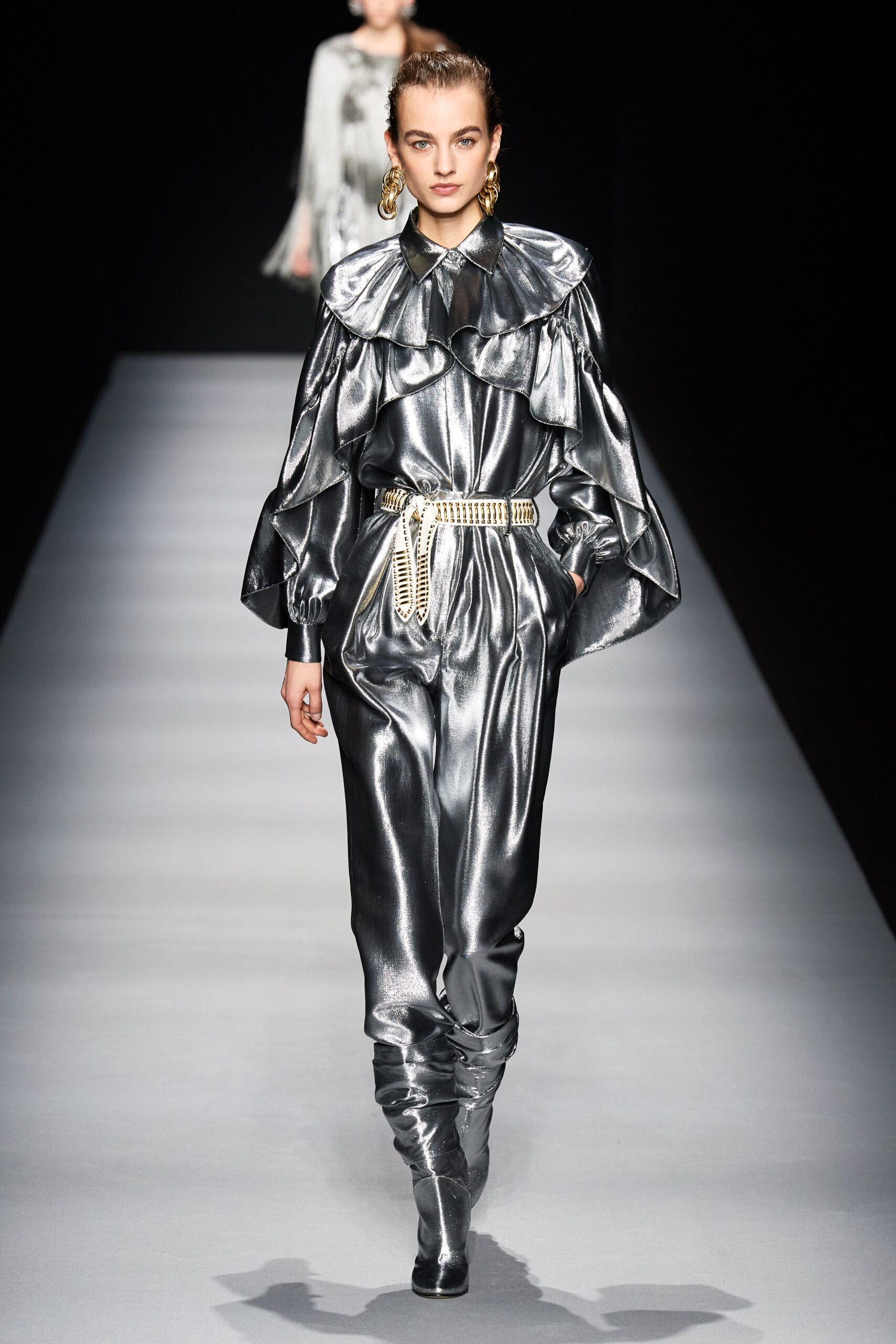 silver satin fitted jumpsuit