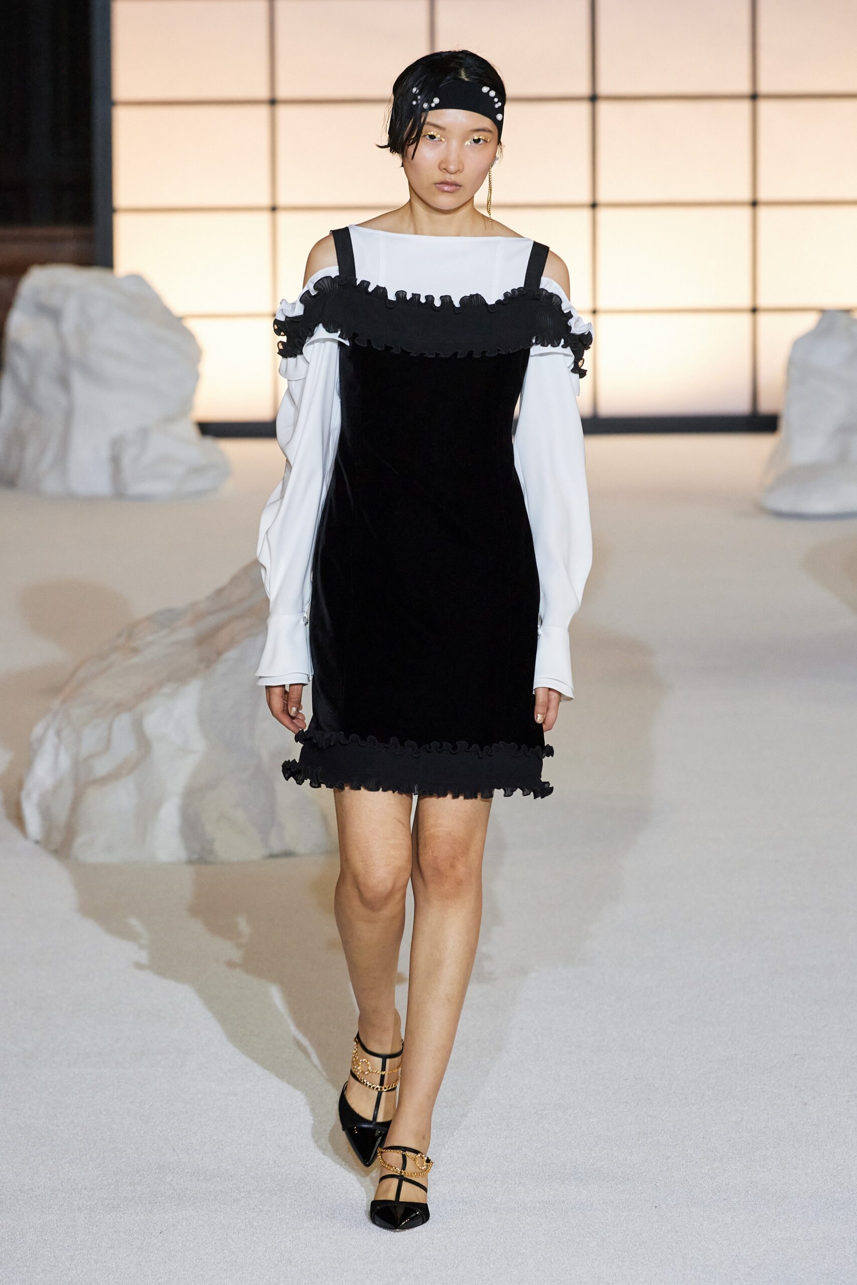 black velvet mini dress and white blouse