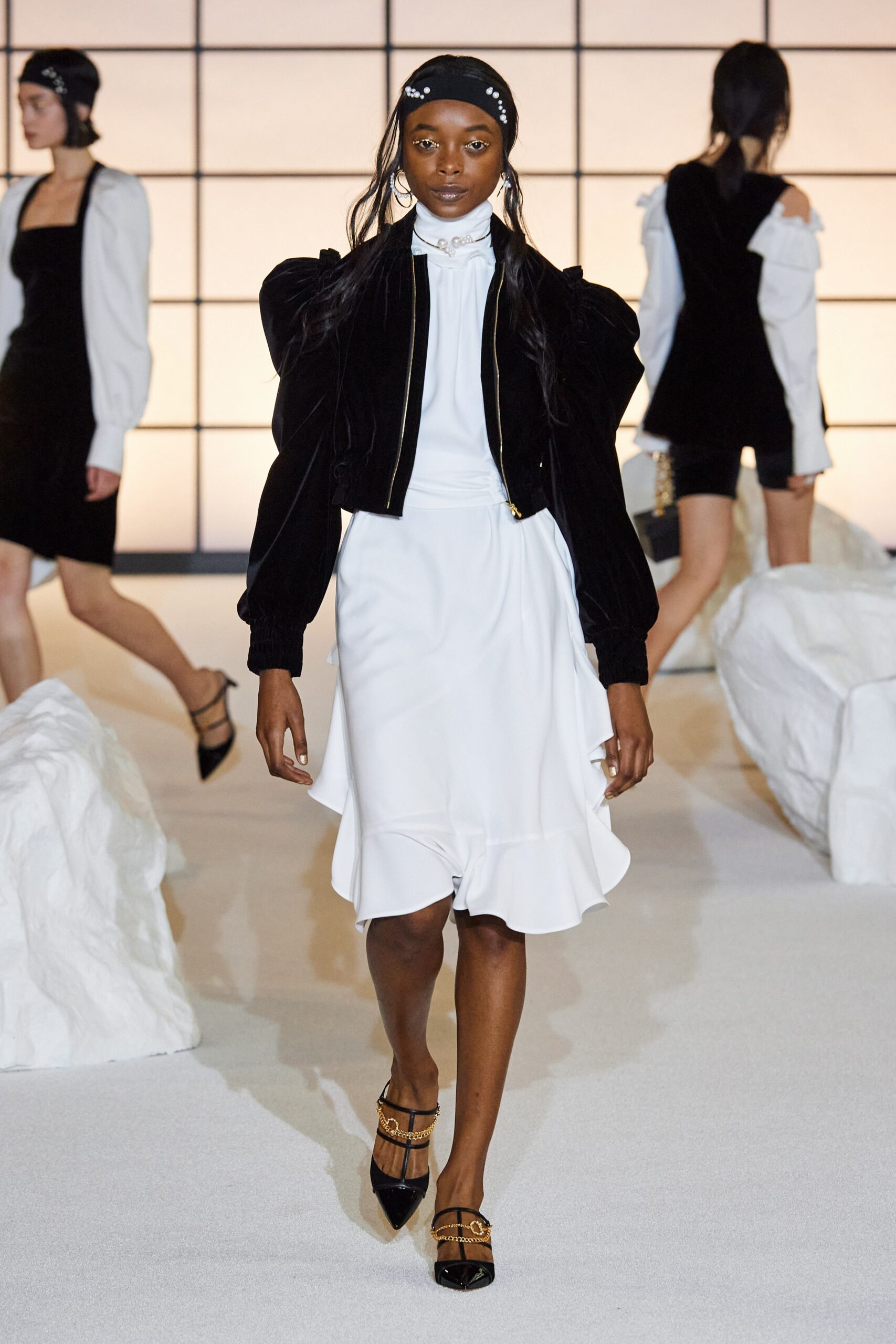 white silk midi dress with black velvet jacket