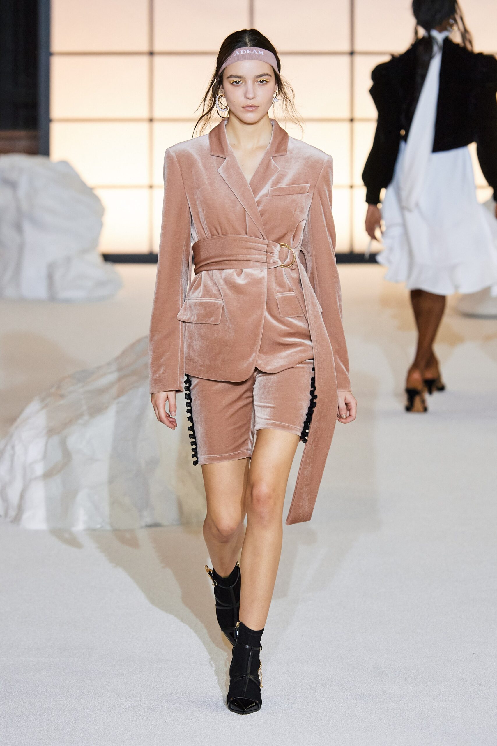 pink velvet fitted blazer and shorts
