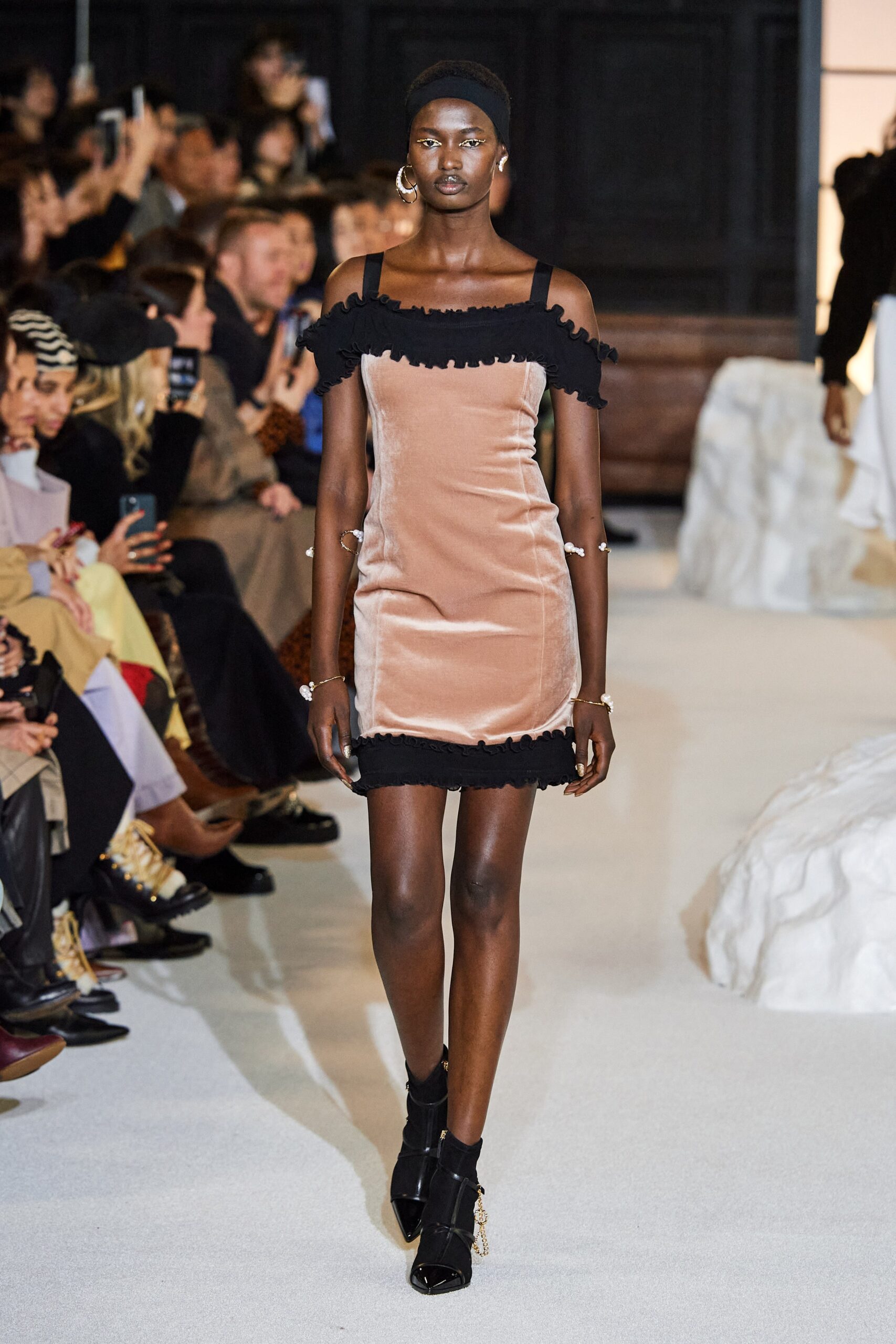 fitted pink velvet off-shoulder dress