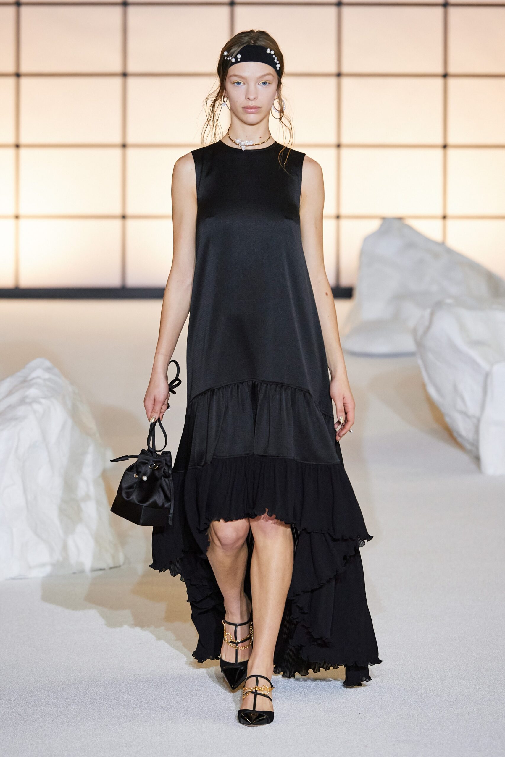 black silk sleeveless tiered dress