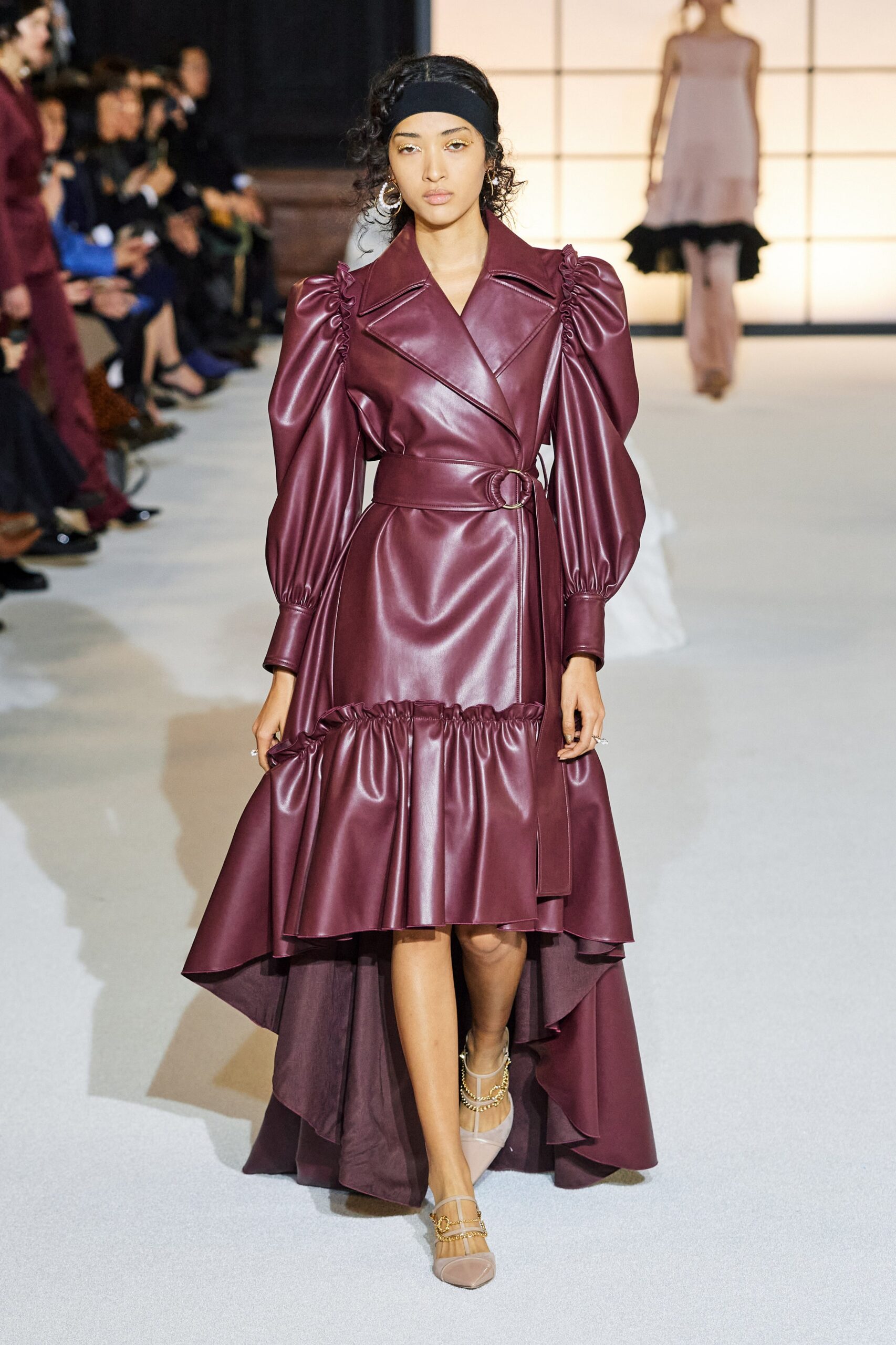 maroon leather belted midi dress