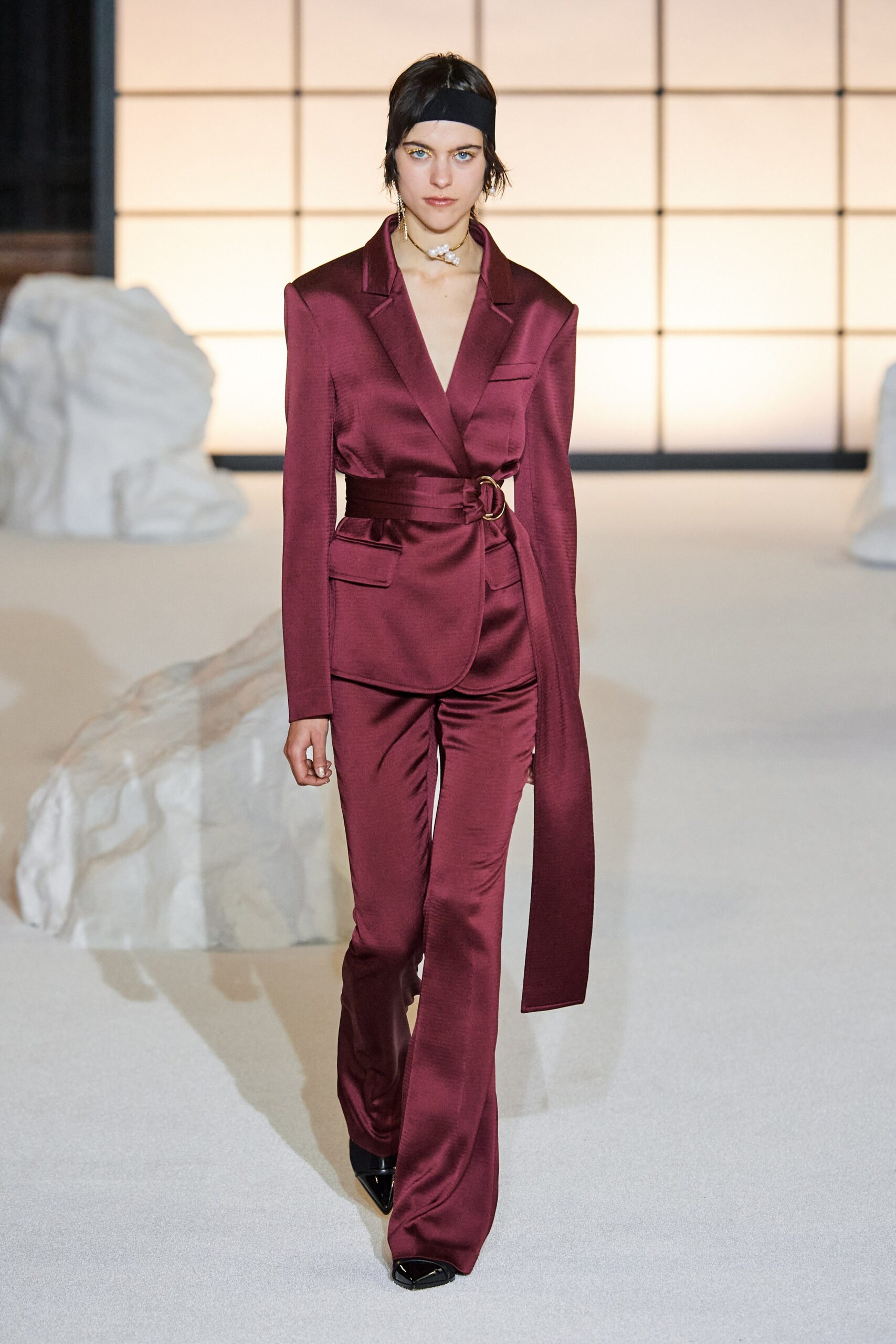 tailored maroon satin suit