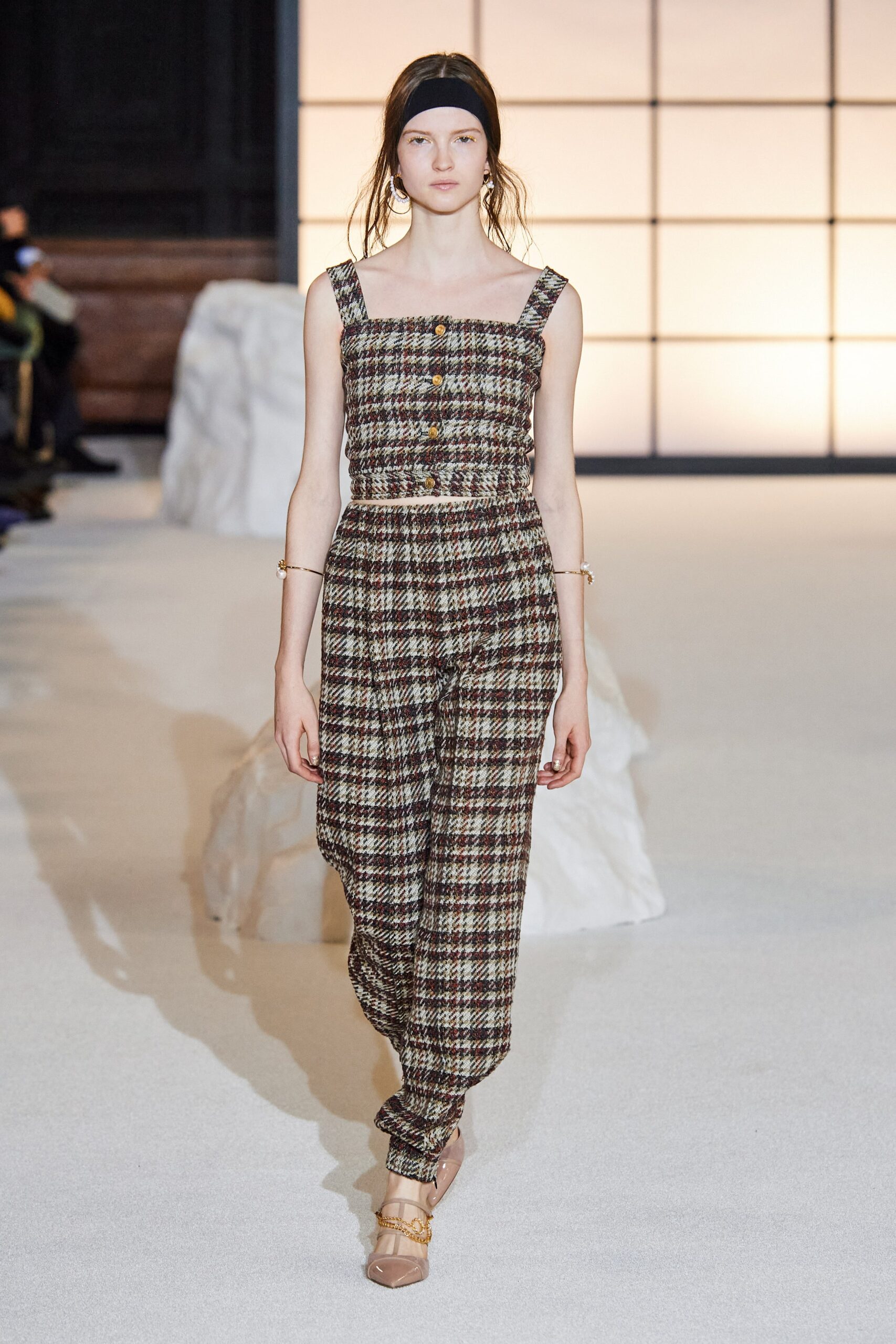 brown beige checked jumpsuit