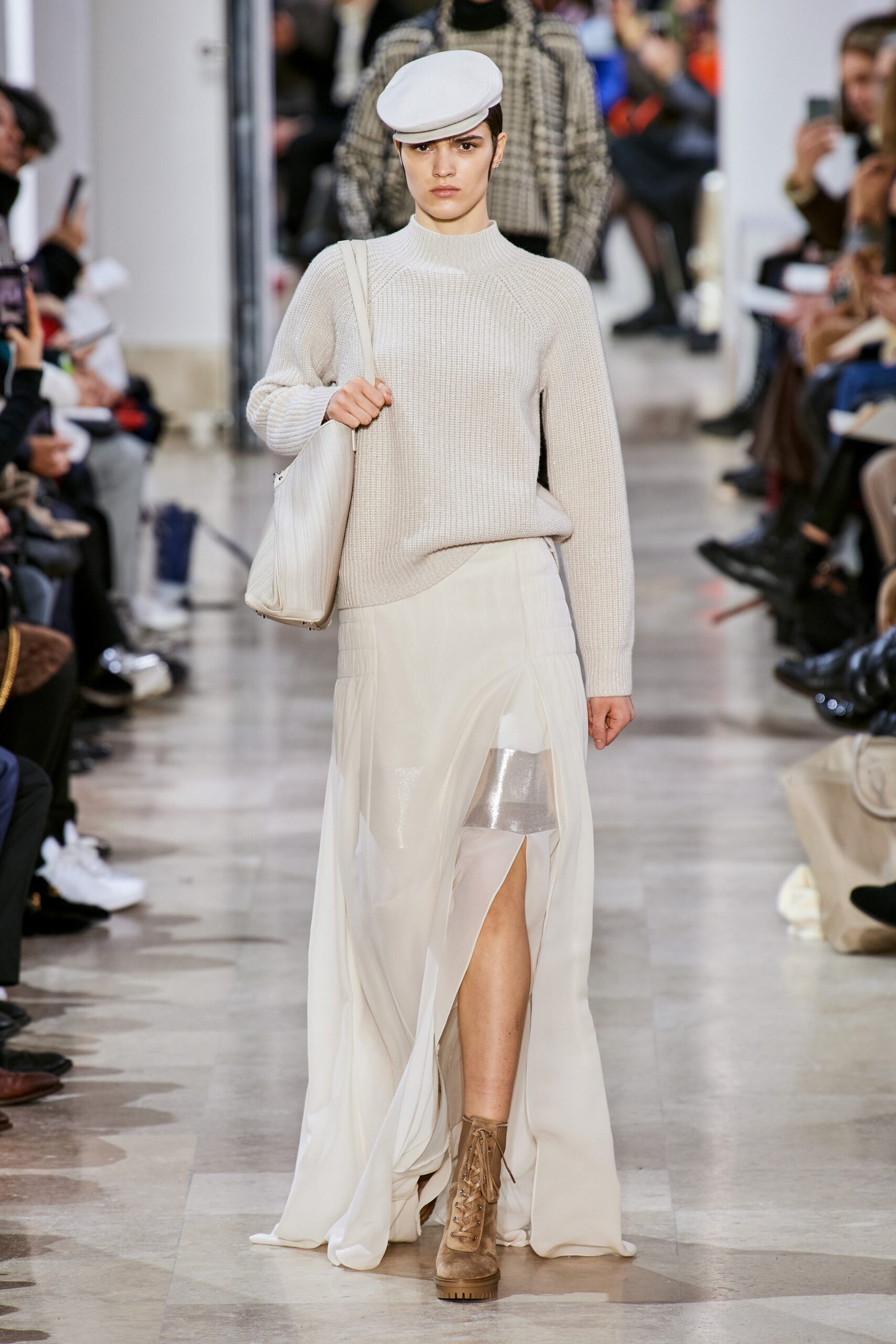 white silk slit relaxed high-waisted layered flowing skirt