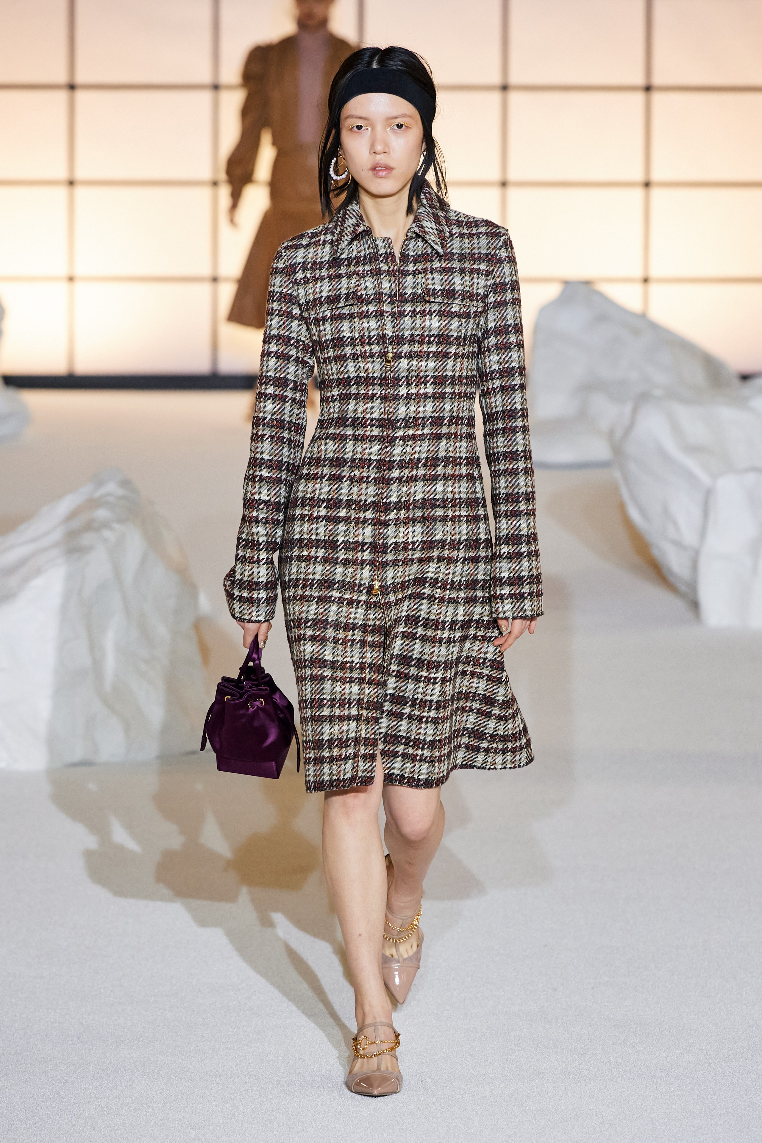 brown beige checked midi dress