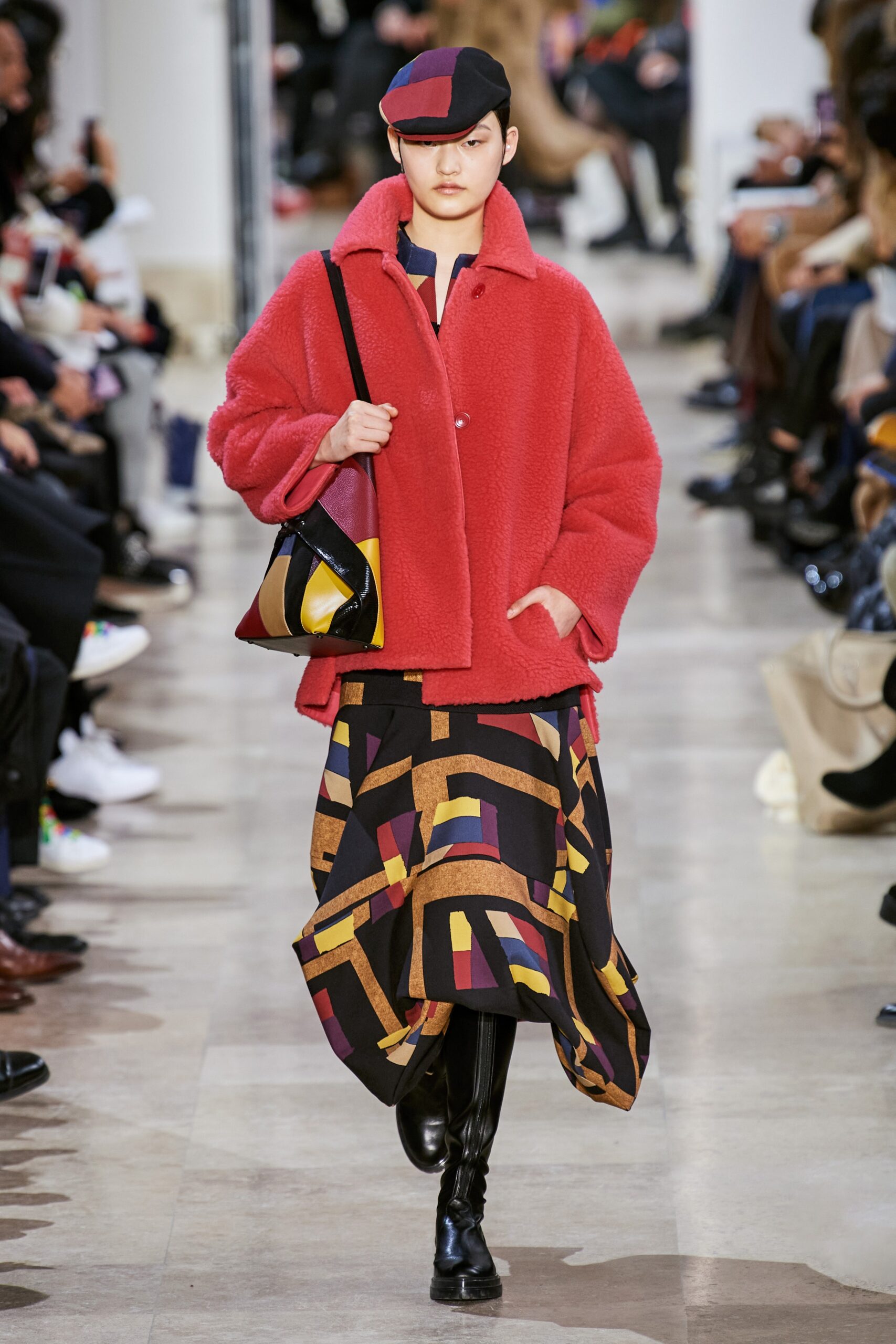 red wool long-sleeve collared oversized buttoned coat