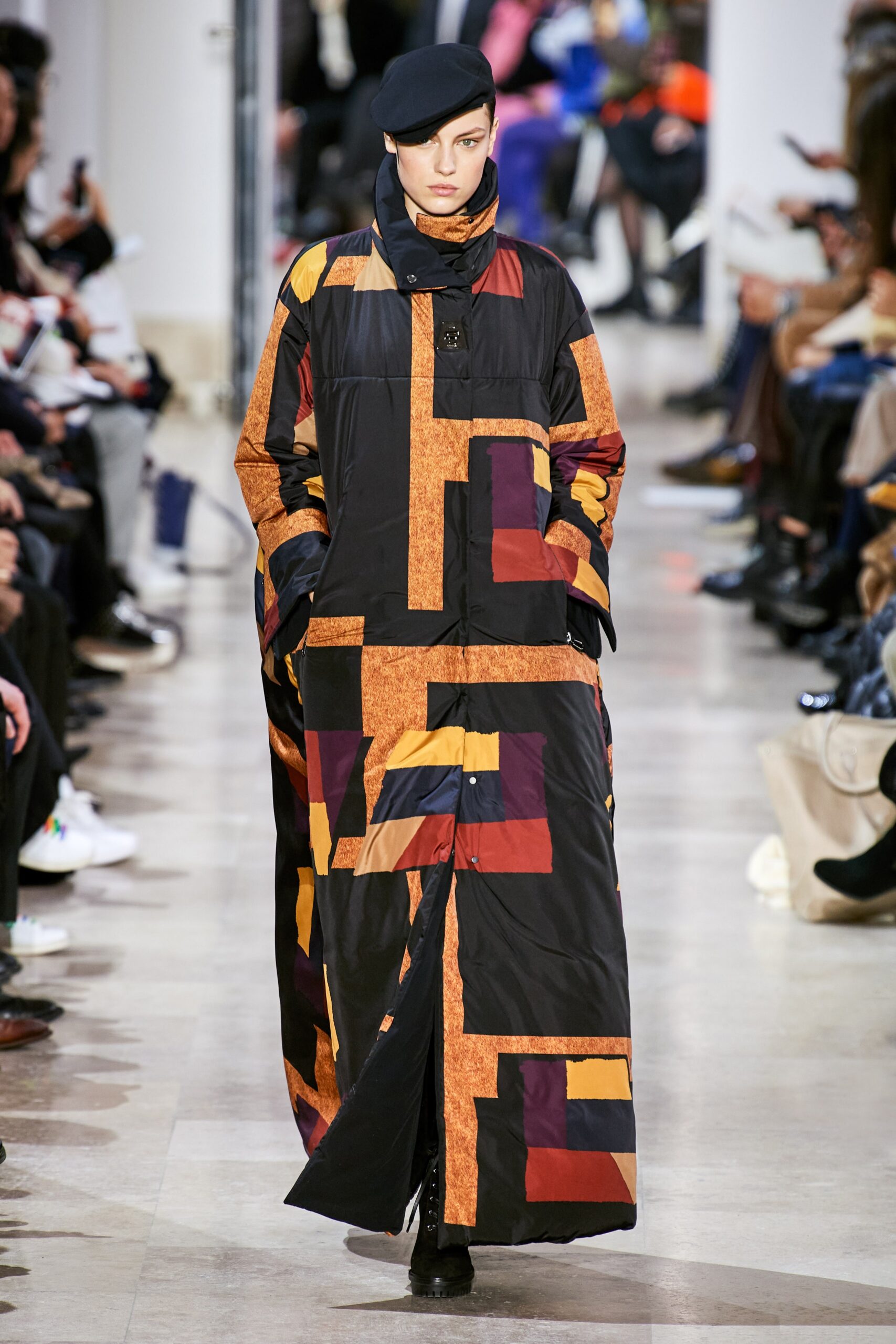 color-blocked black vinyl coat