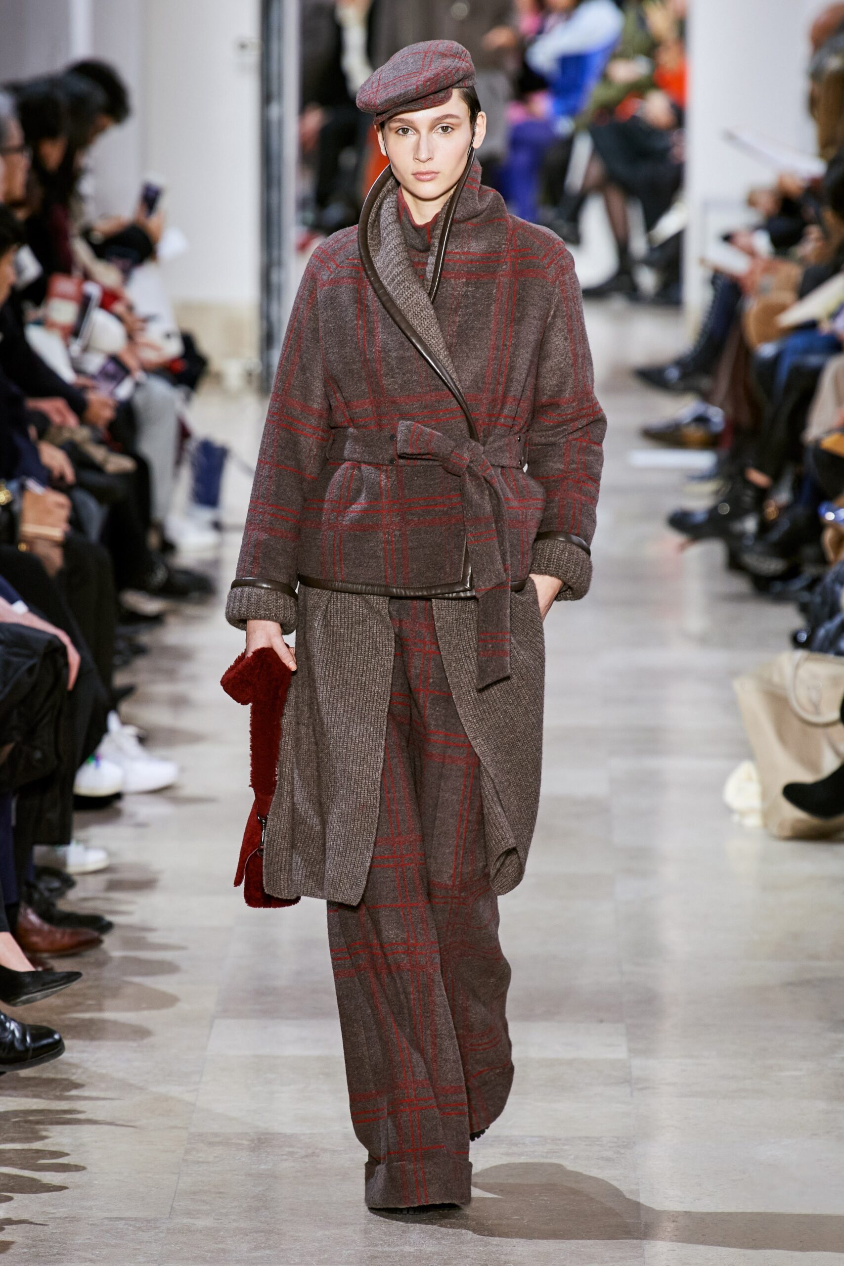 brown wool long-sleeve collared relaxed checked belted coat