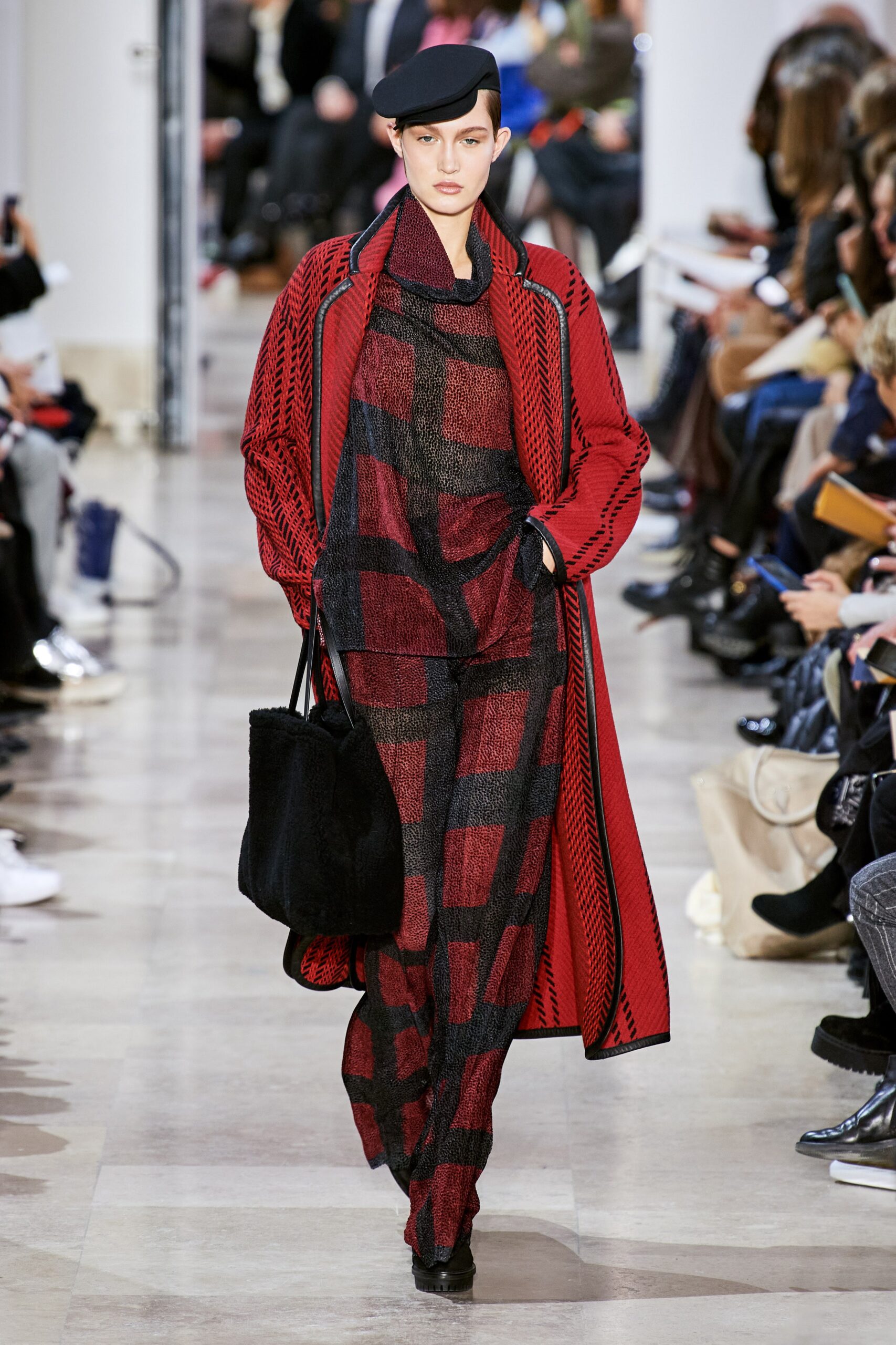 red wool long-sleeve collared relaxed buttoned layered coat