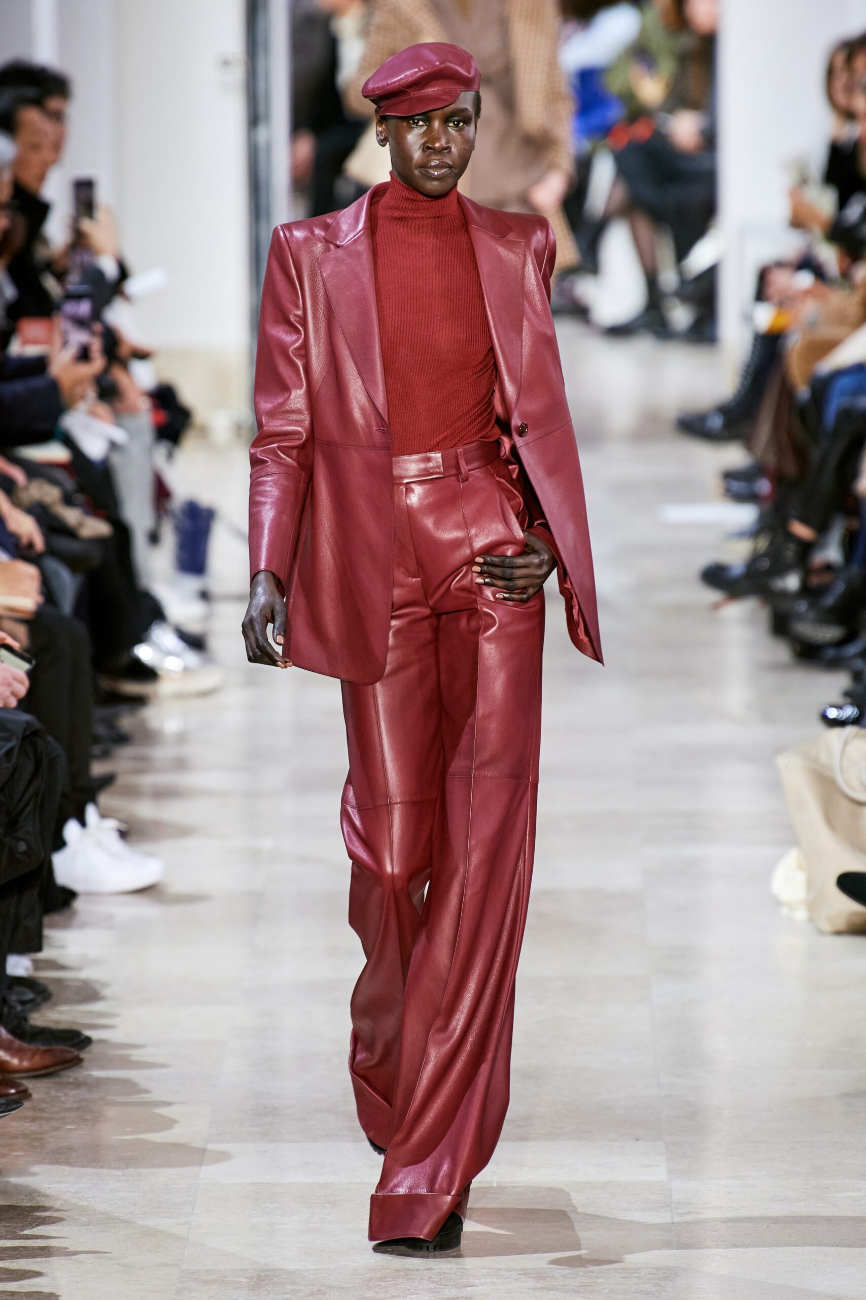 red leather long-sleeve collared tailored structured blazer