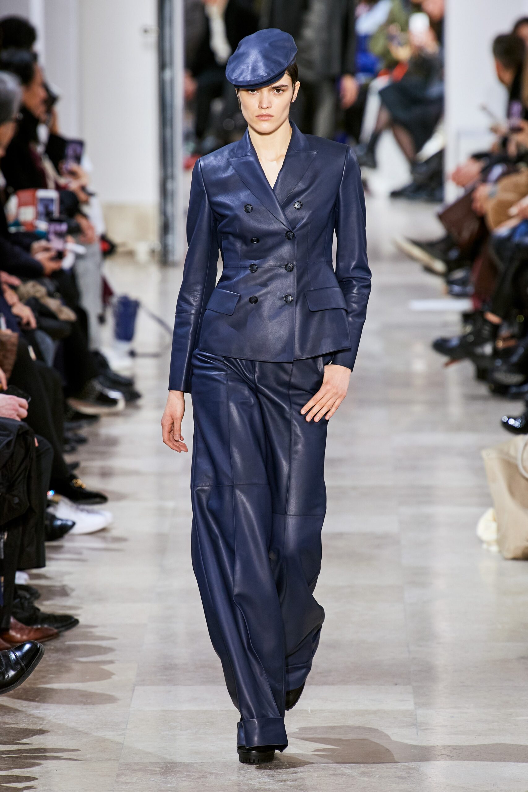 blue leather tailored blazer and pants