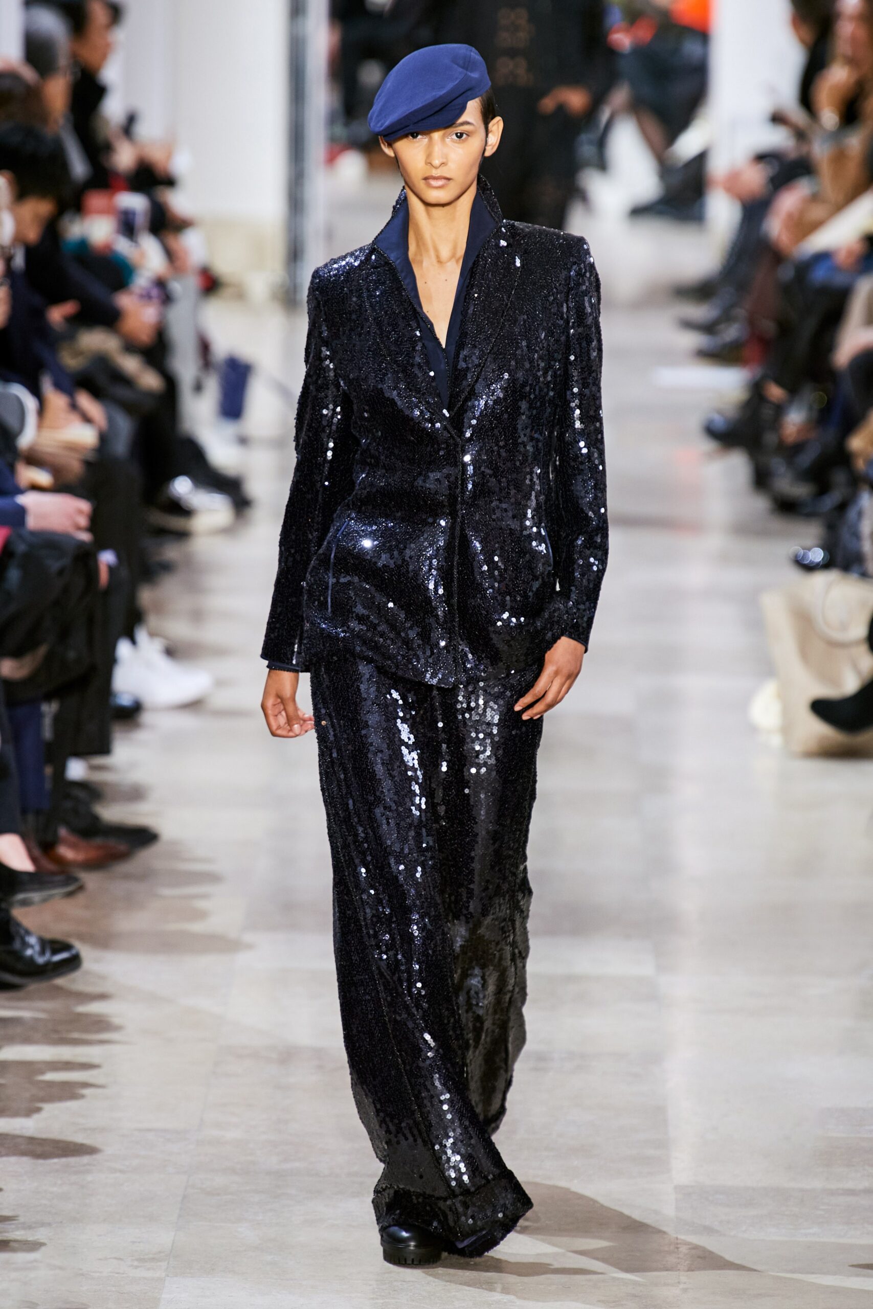 black sequin long-sleeve collared fitted straight-leg buttoned suit