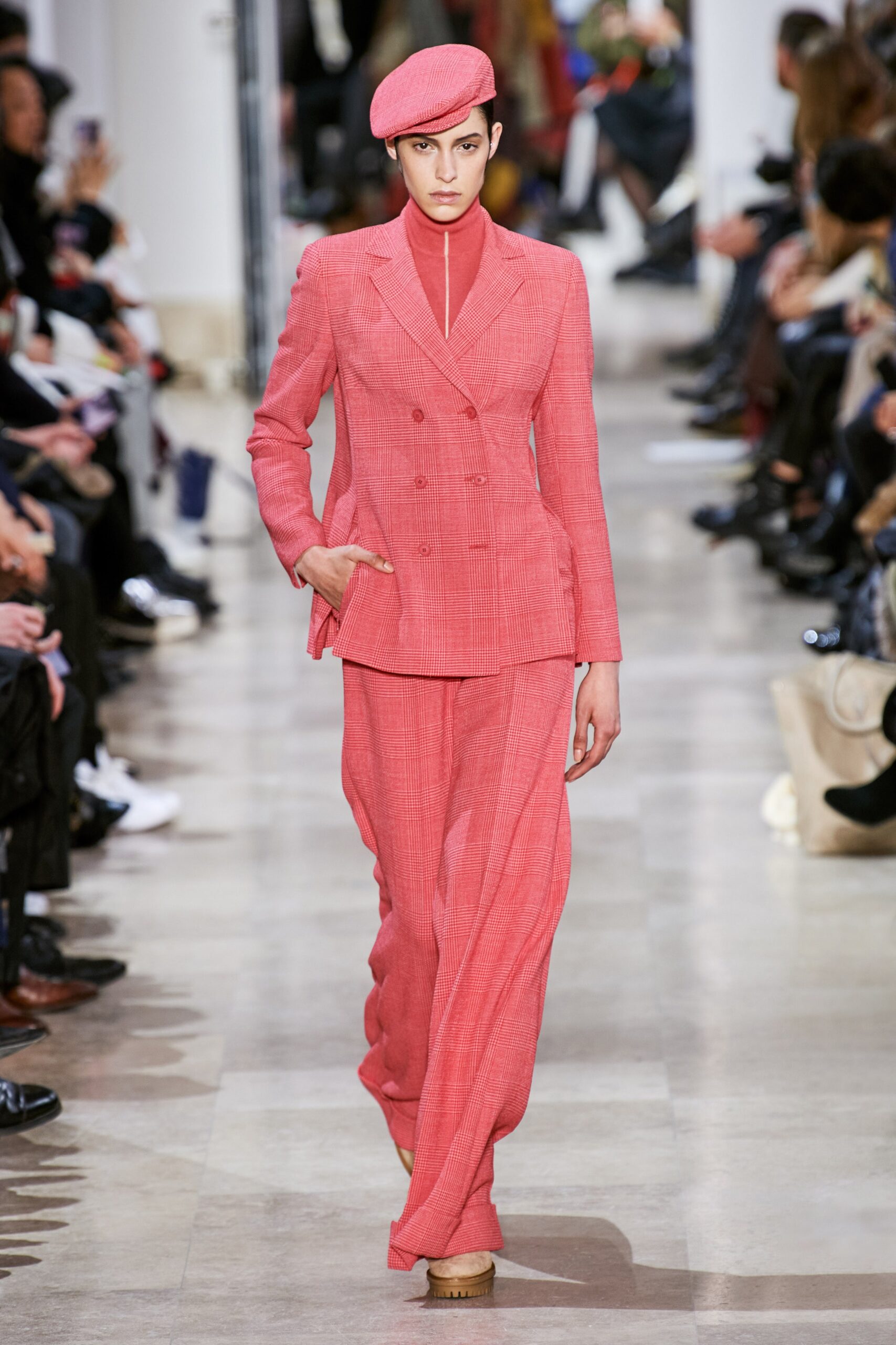 pink cotton long-sleeve collared tailored buttoned straight-leg suit