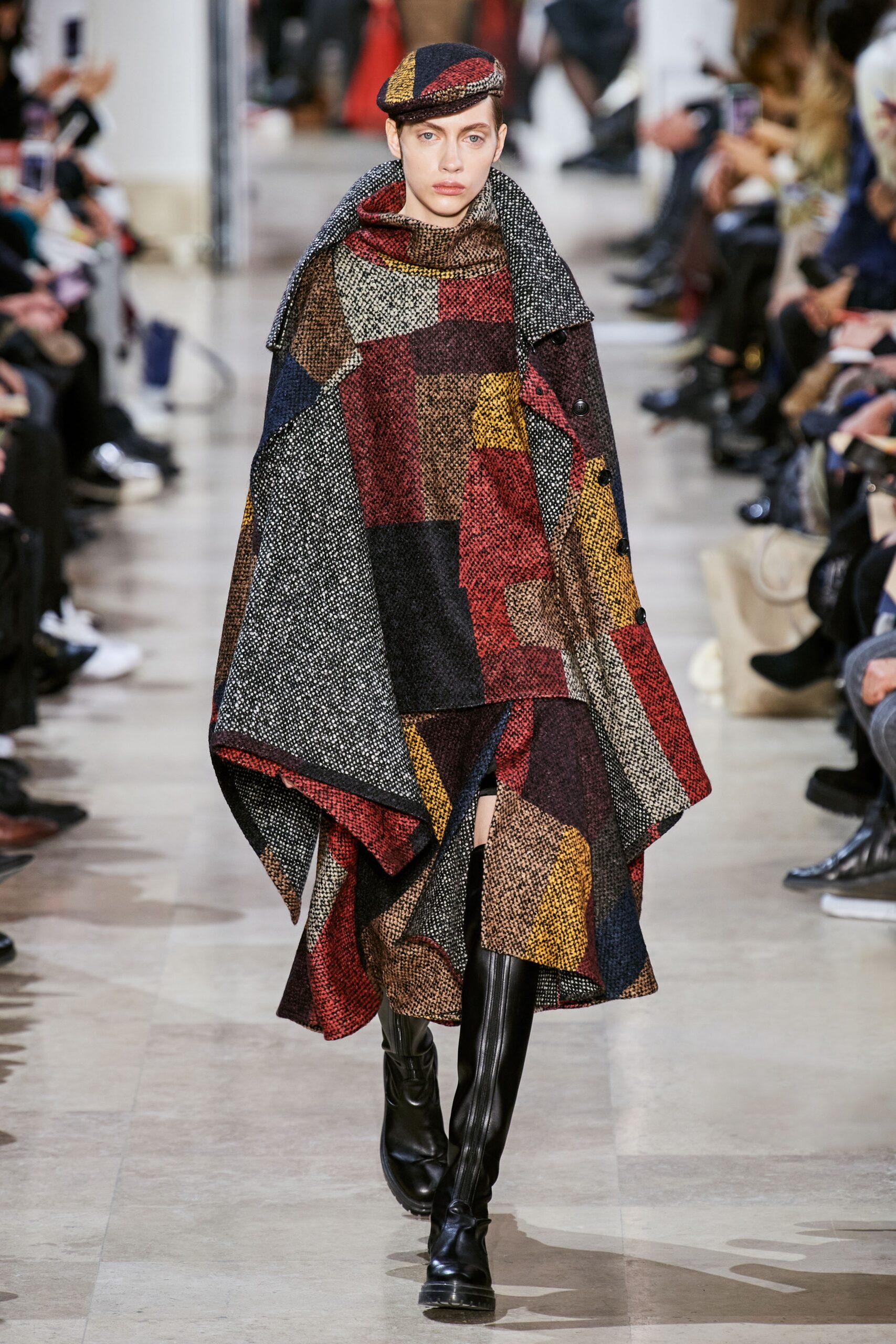 red wool relaxed layered patchwork poncho
