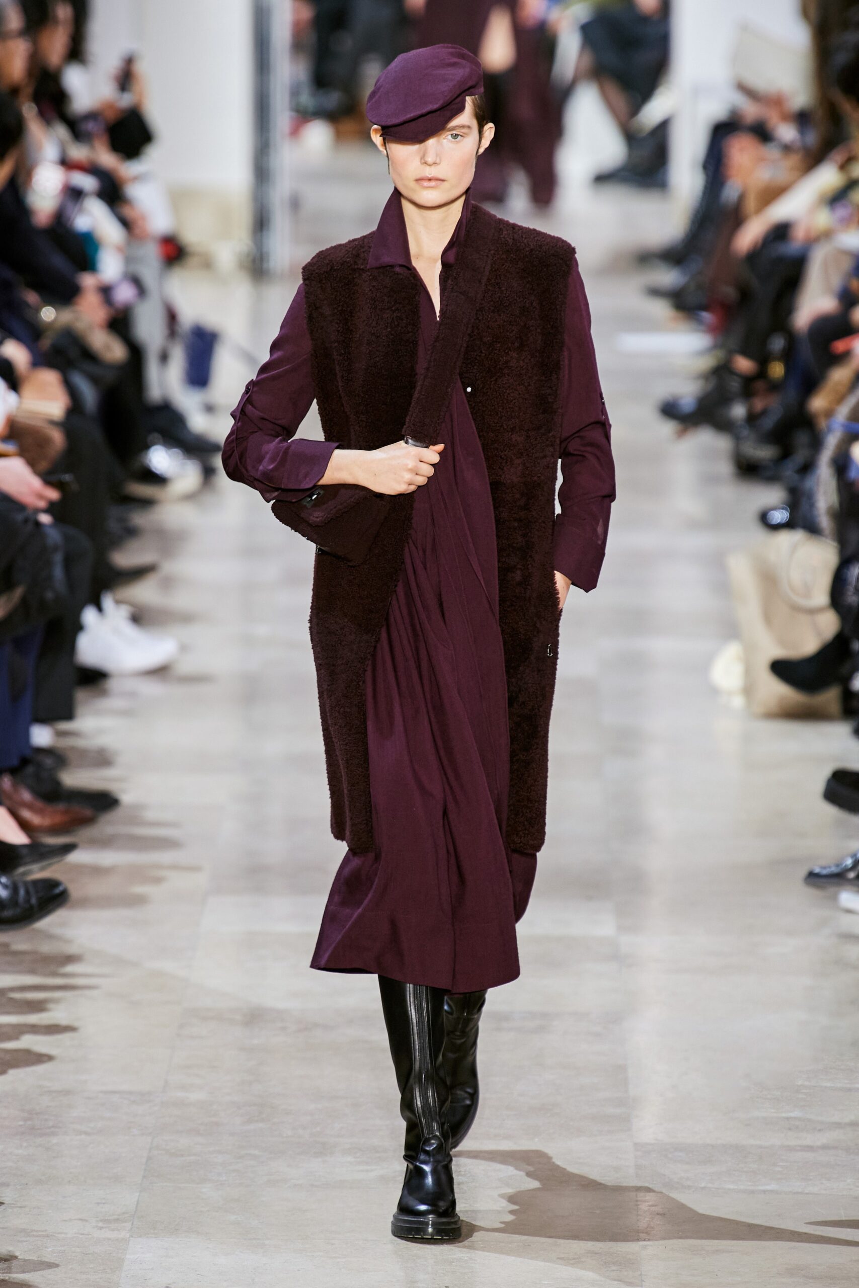 purple wool long-sleeve v-neck fitted draped midi dress