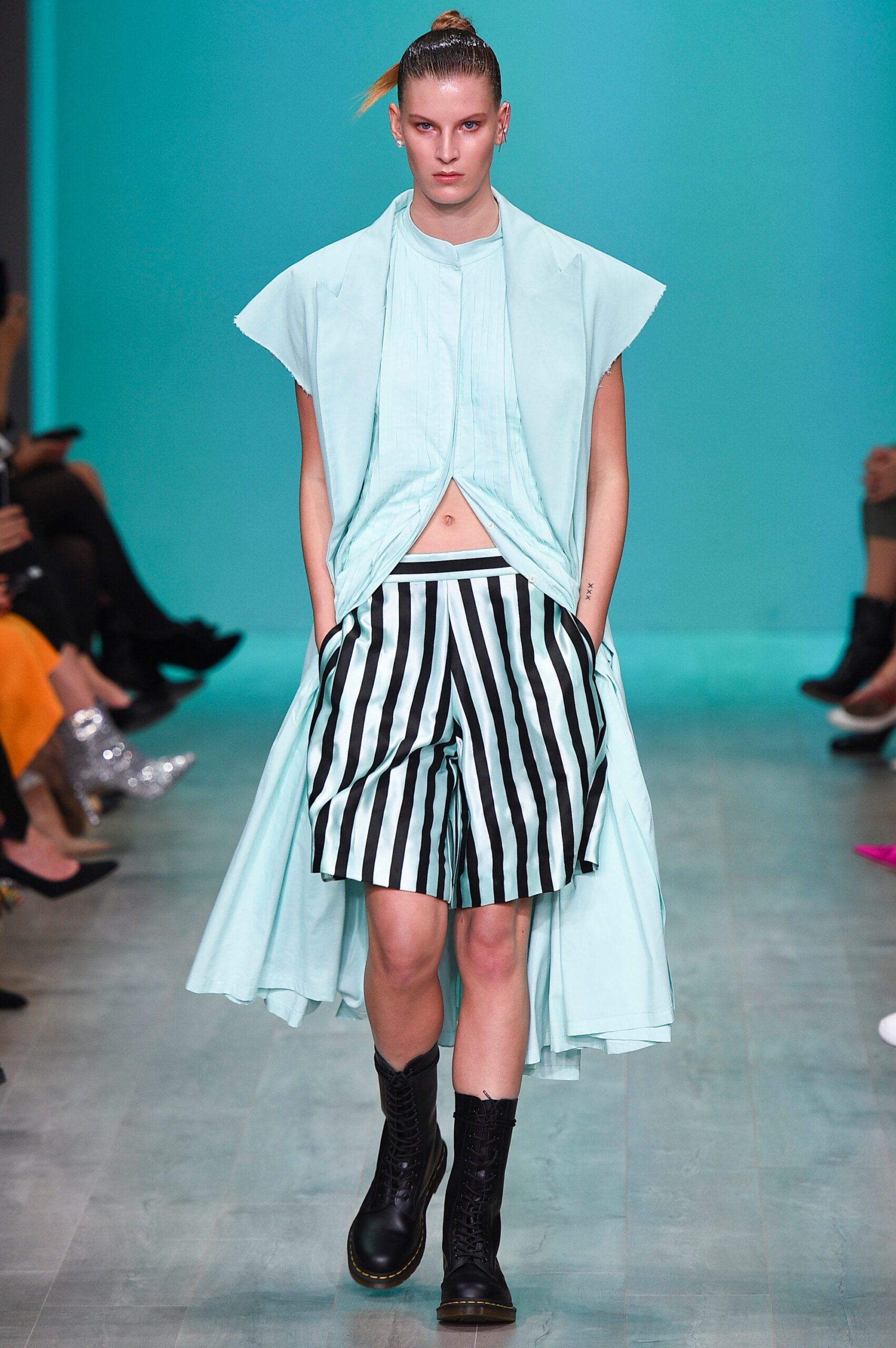 light blue relaxed top with striped shorts