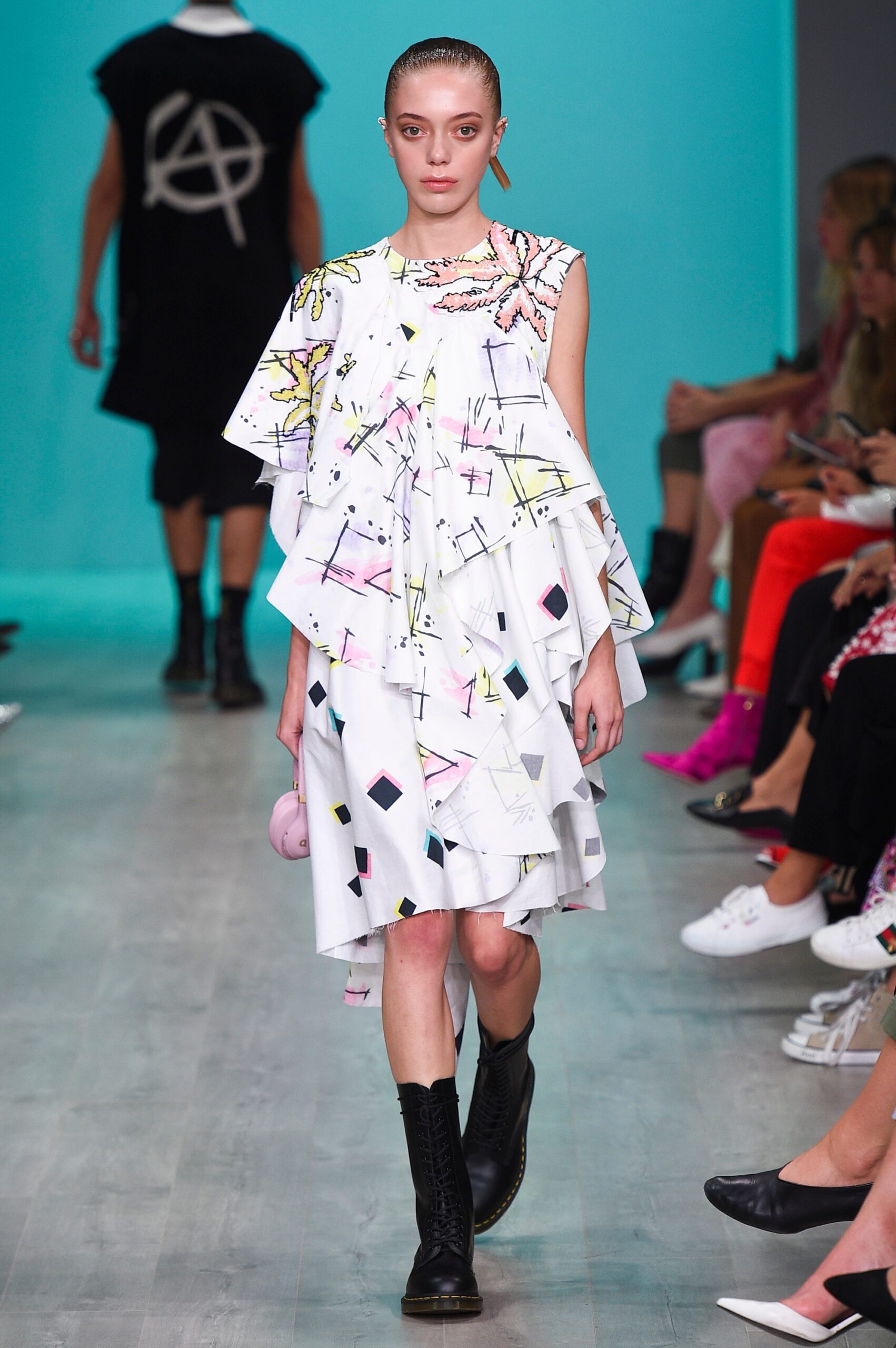 white cotton sleeveless asymmetric relaxed pleated printed dress