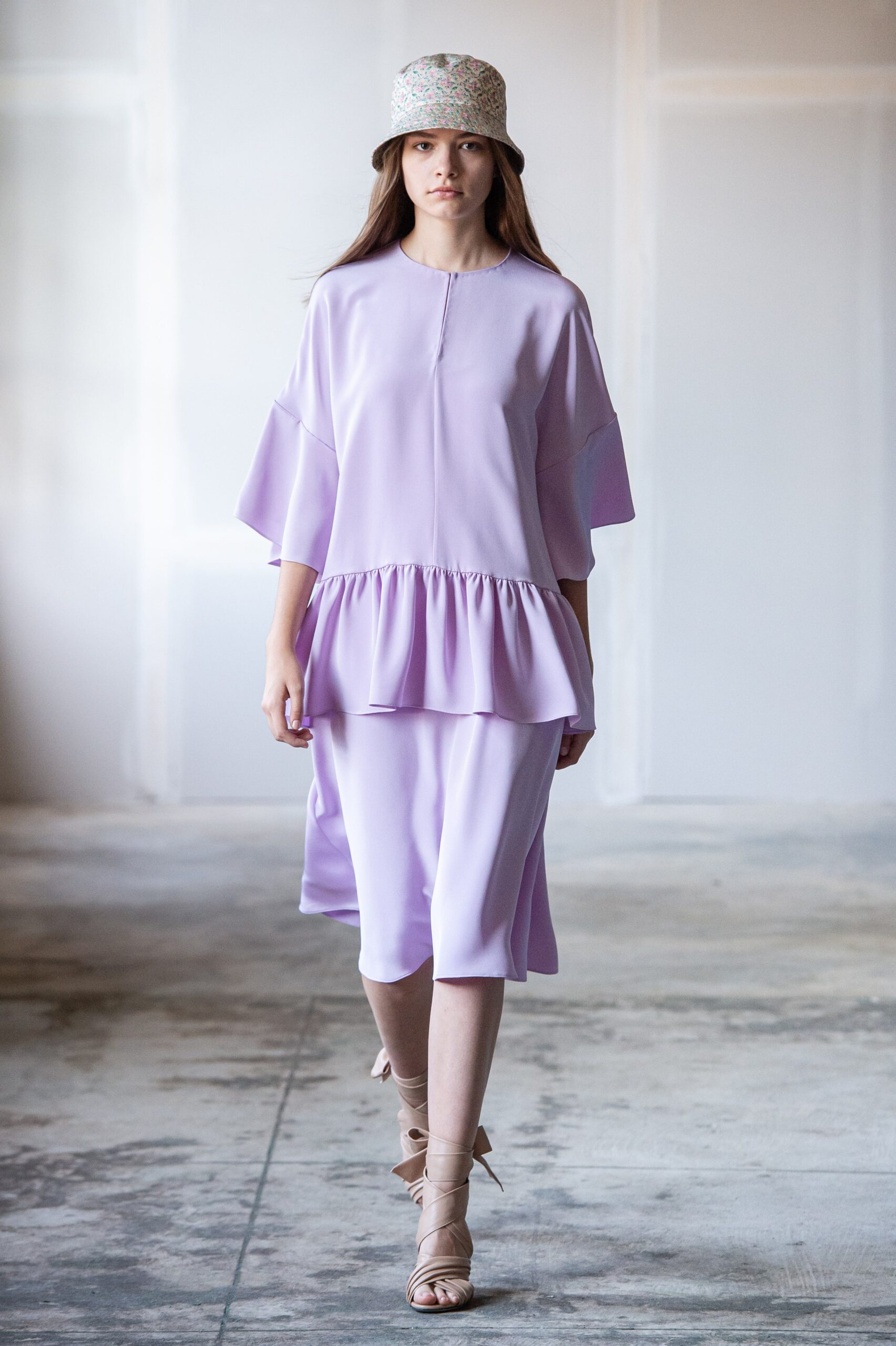 lavender tiered midi dress and hat