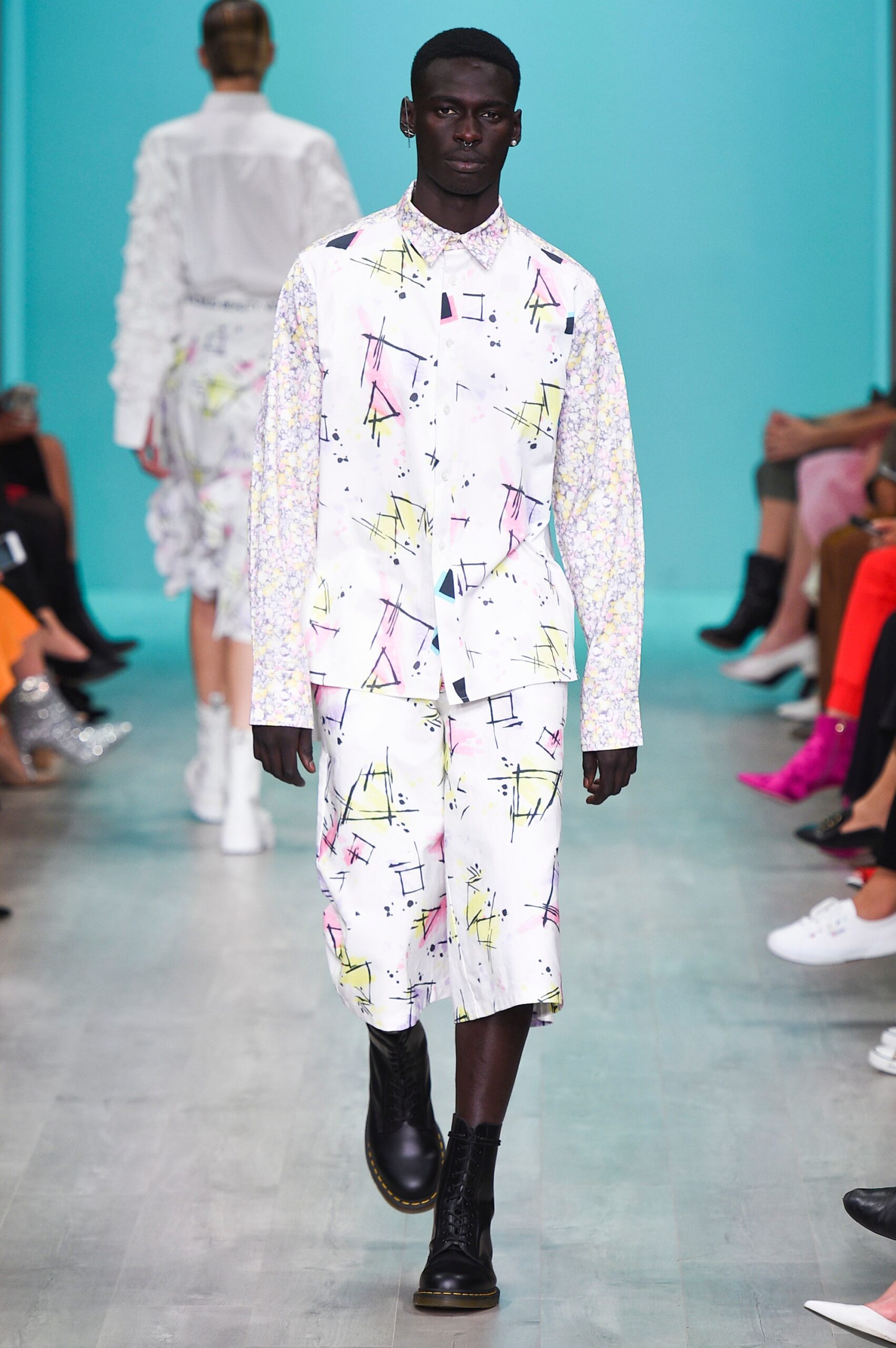 printed white shirt and shorts