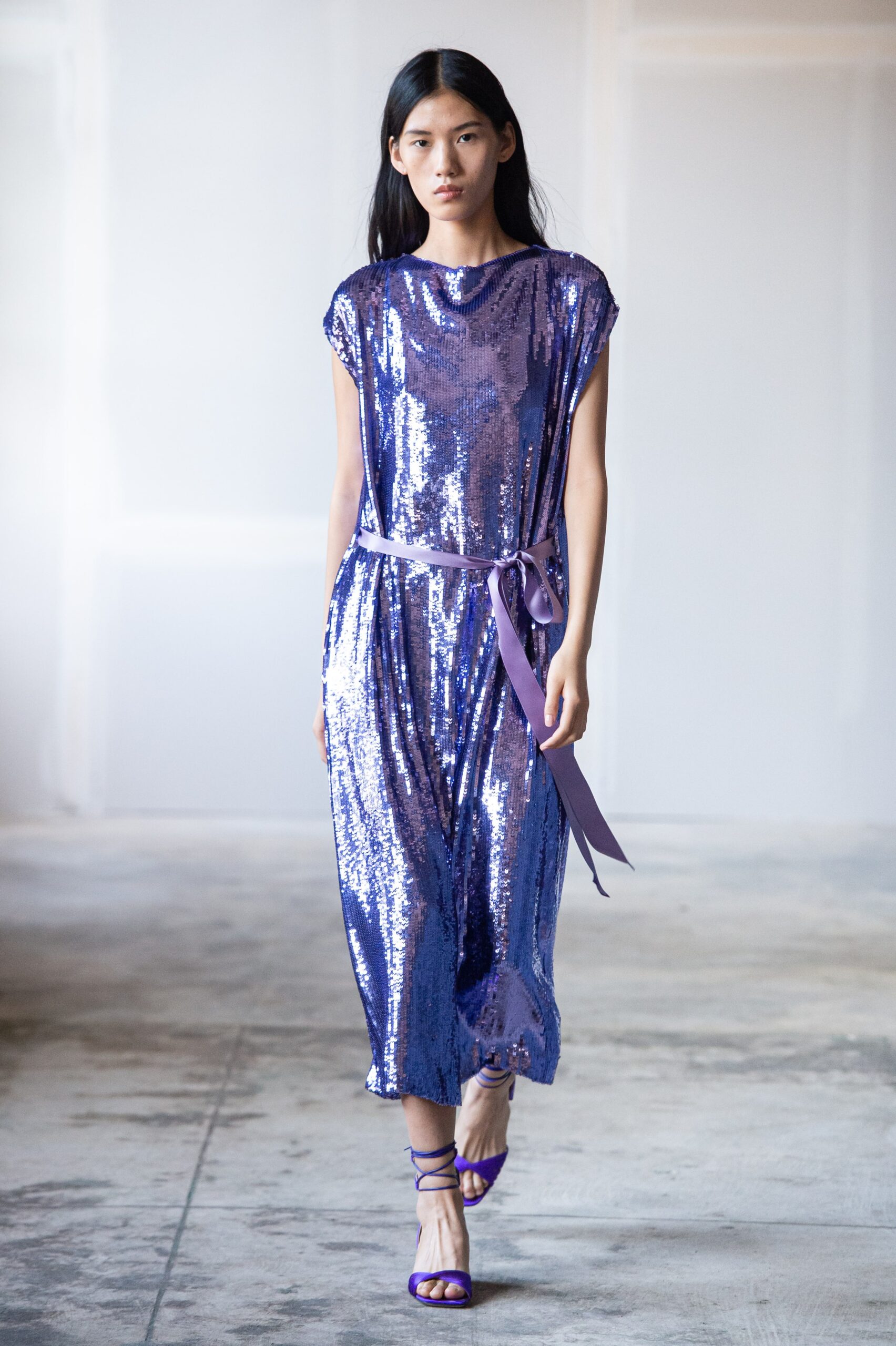 purple sequin midi dress