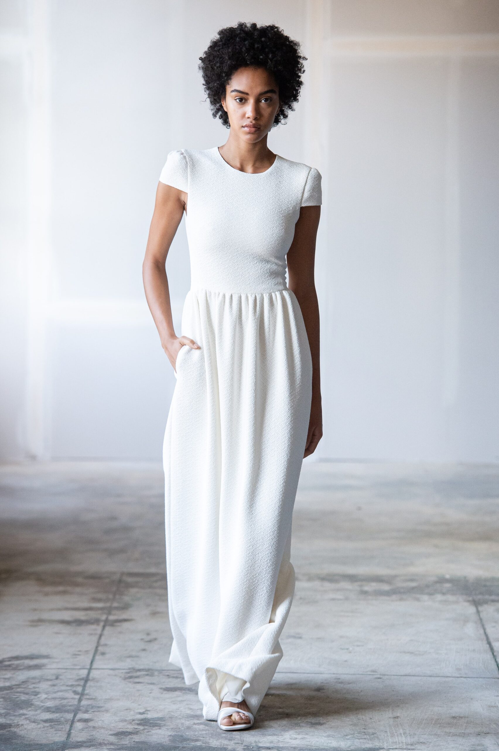 white fitted scoop-neck gown
