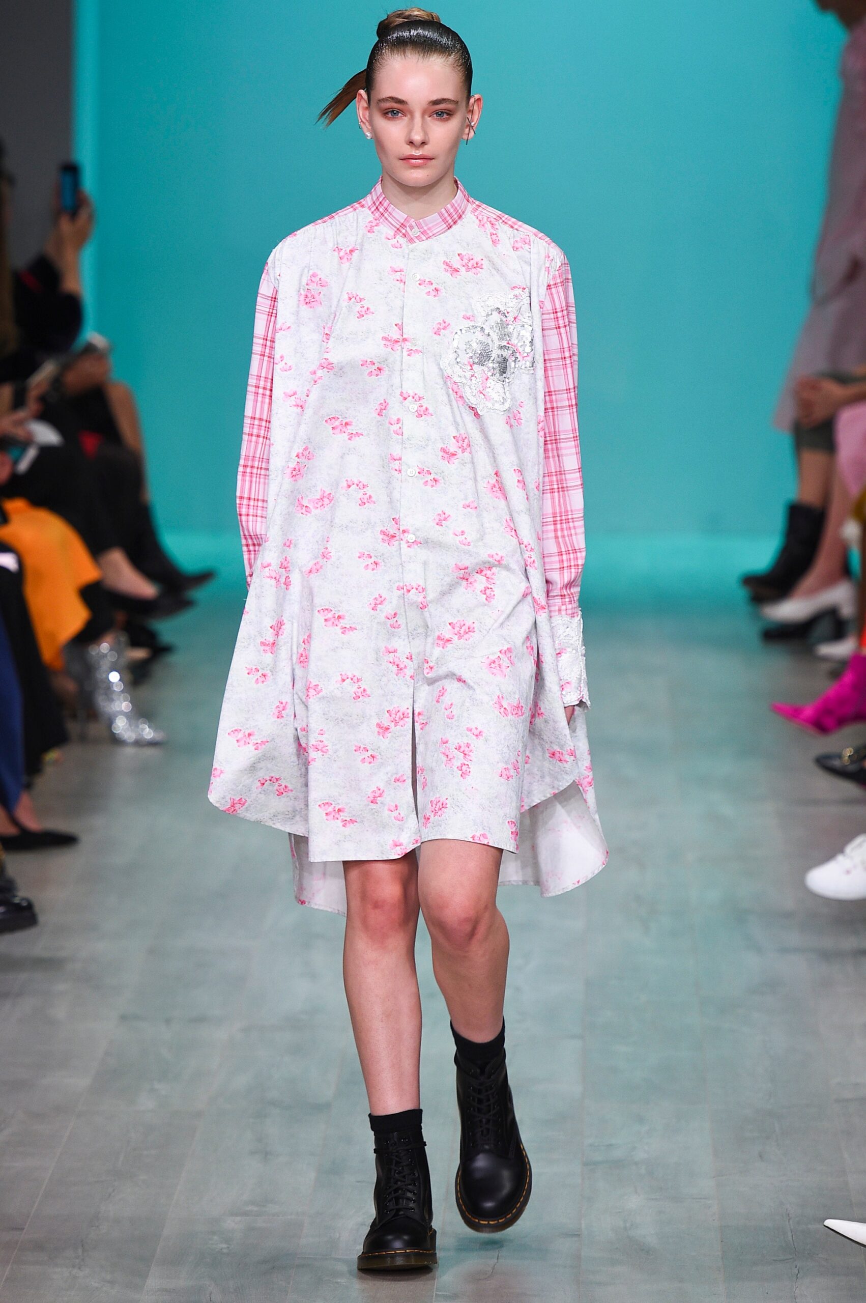 pink cotton long-sleeve collared relaxed floral buttoned shirt-dress