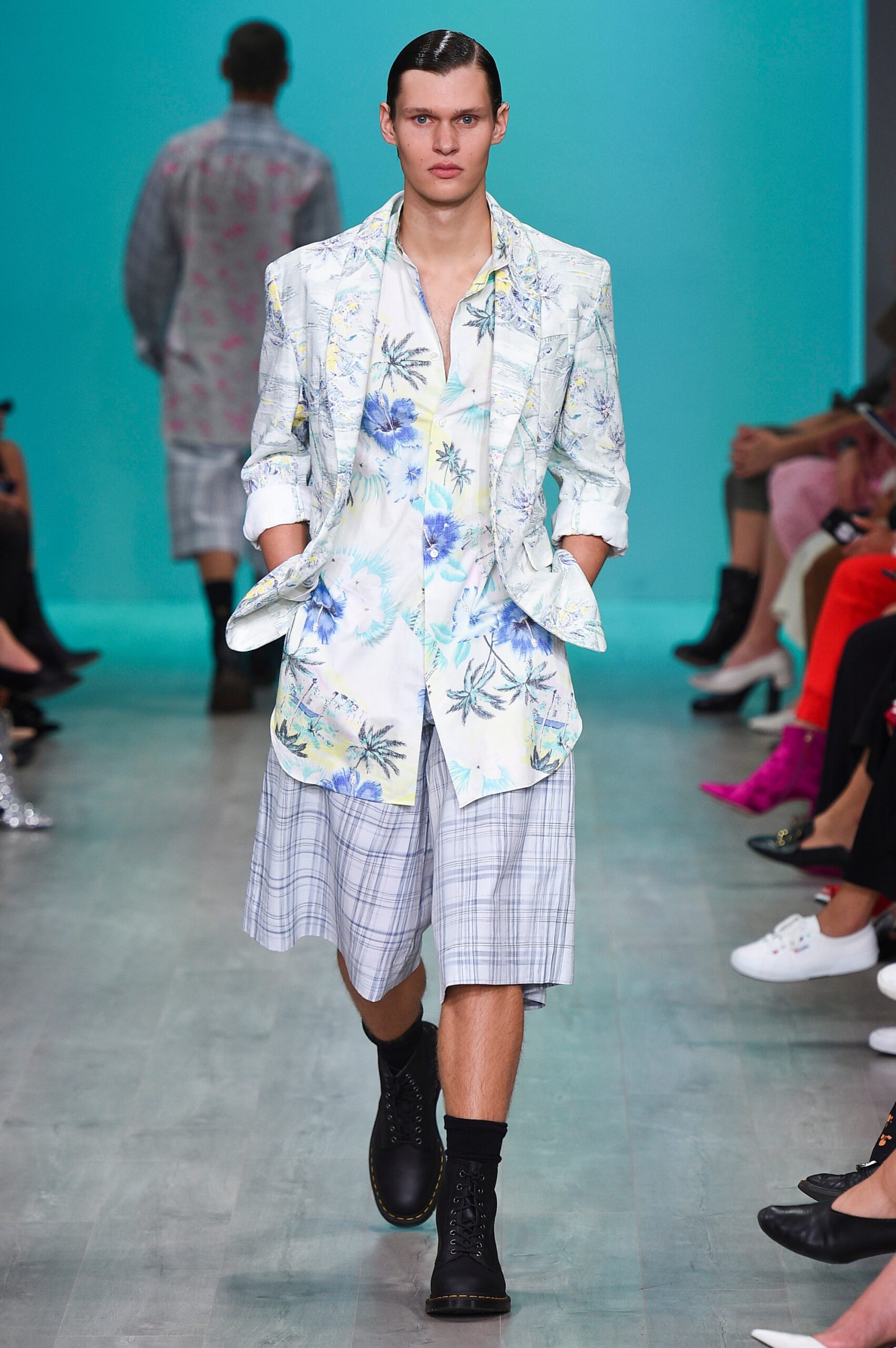 floral blazer with checked shorts