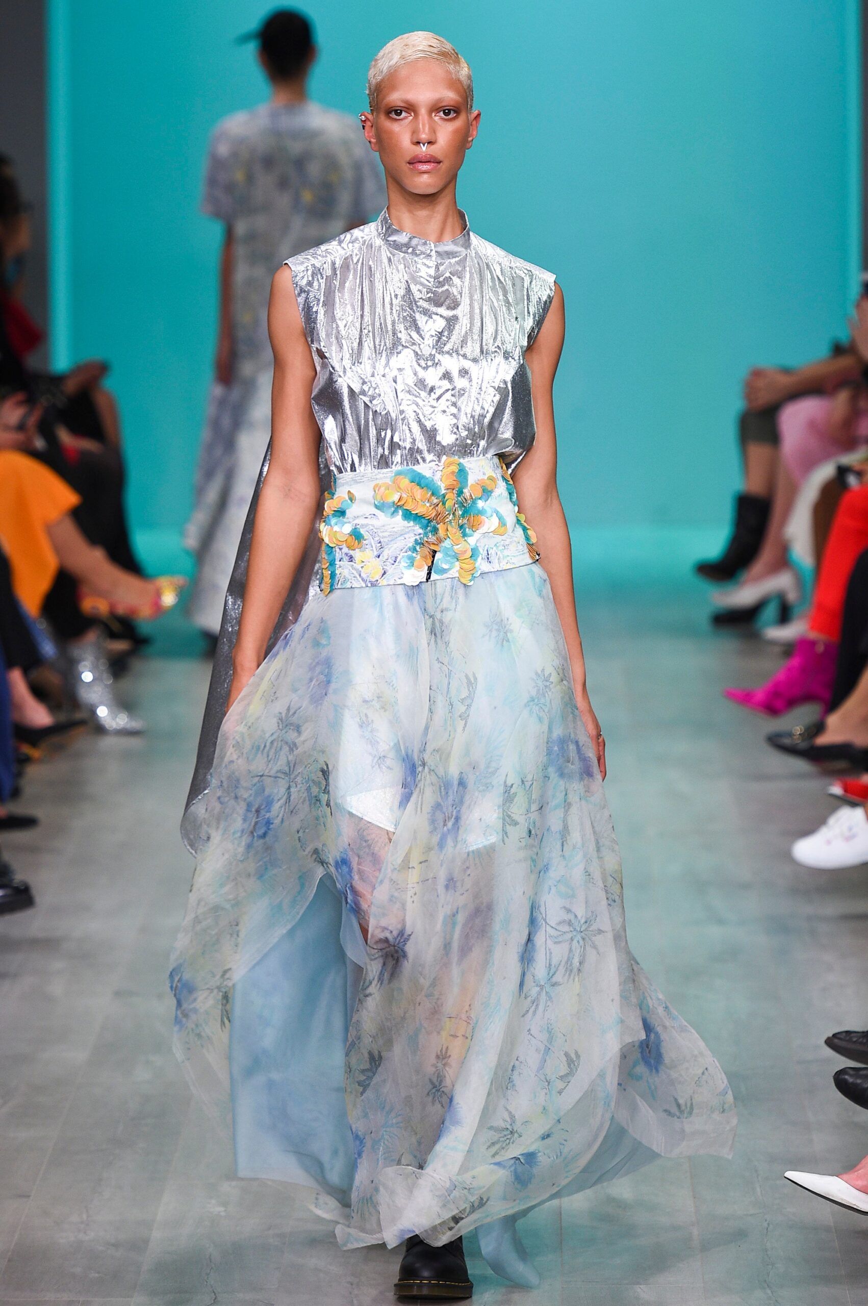 silver metallic top with flowing skirt