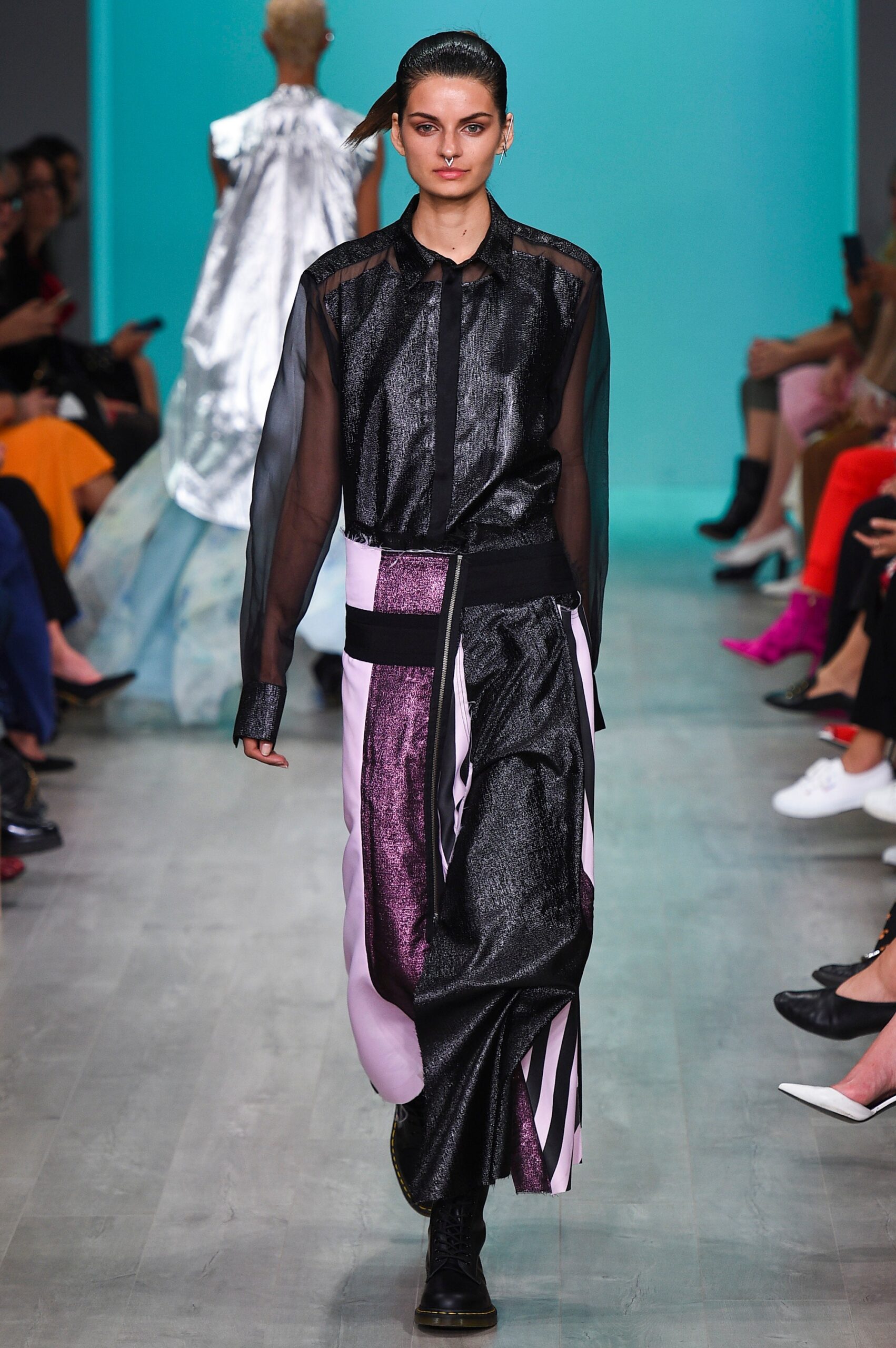 black silk fitted shirt and skirt