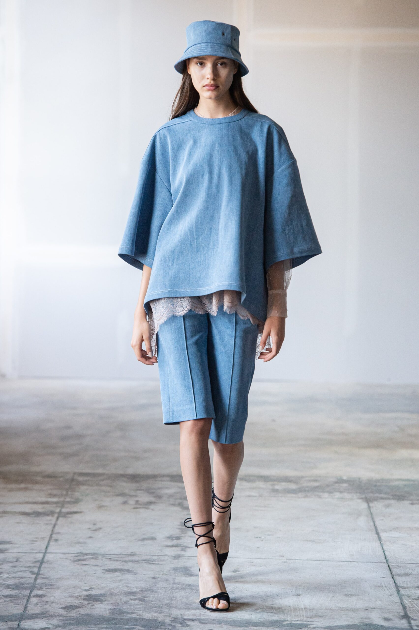 blue denim oversized top and shorts