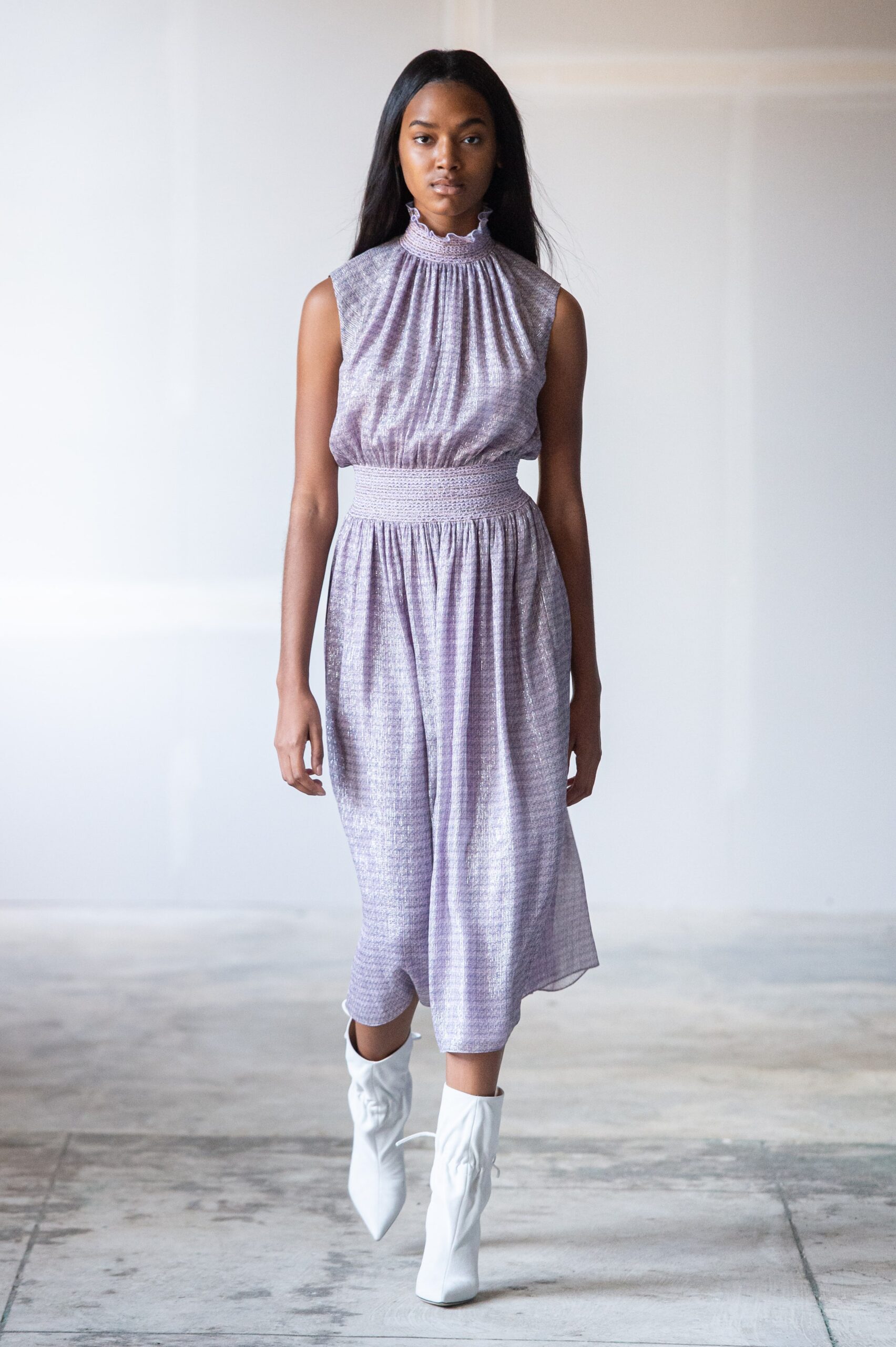 purple silk midi dress with white boots